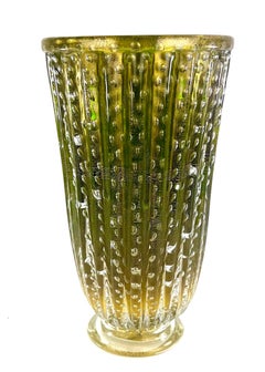 Alberto Donà Mid-Century Modern Vaso In Vetro Di Murano Verde E Foglia Oro 24kt