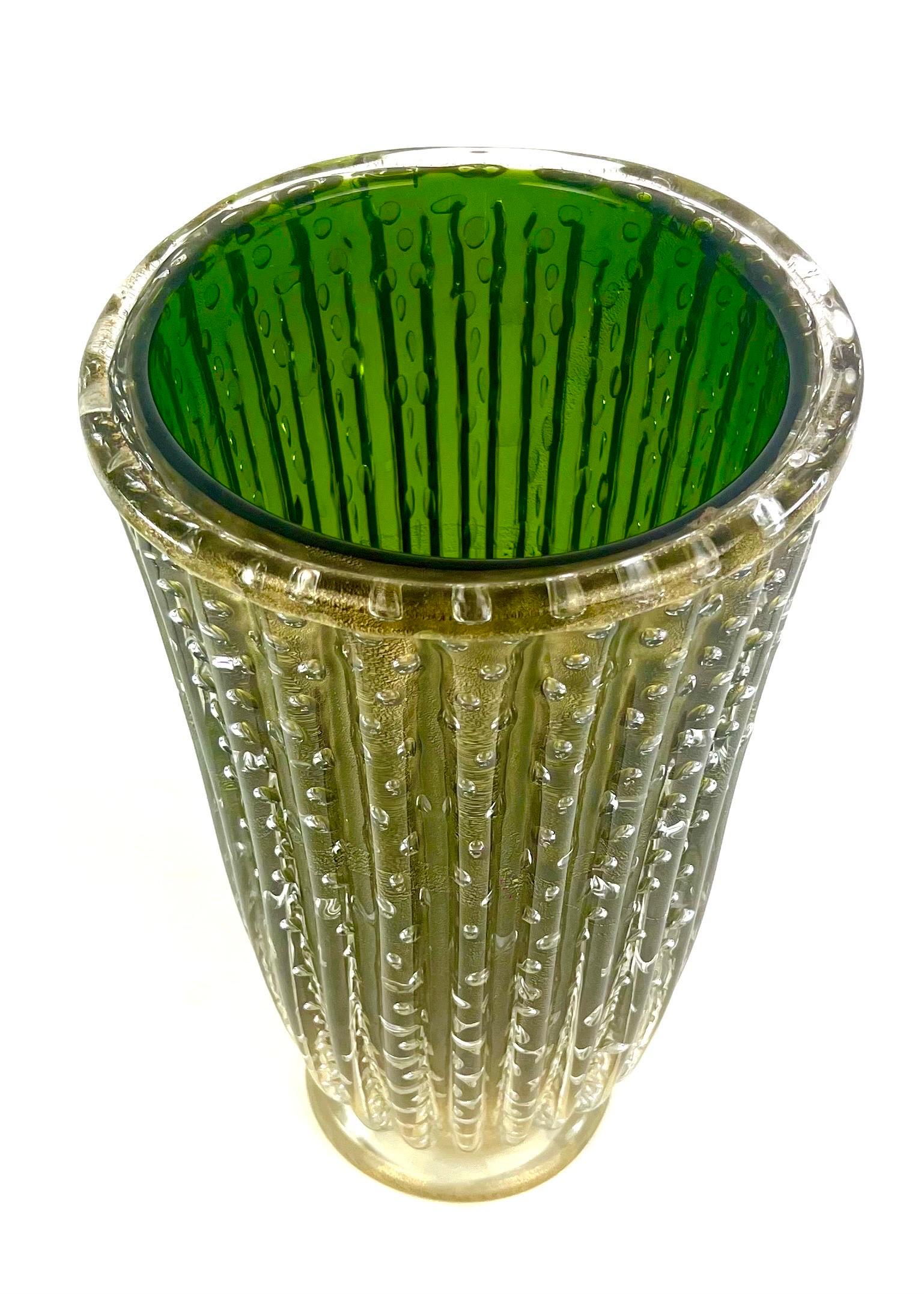 Mid-Century moderno Alberto Donà Mid-Century Modern Vaso In Vetro Di Murano Verde E Foglia Oro 24kt in vendita