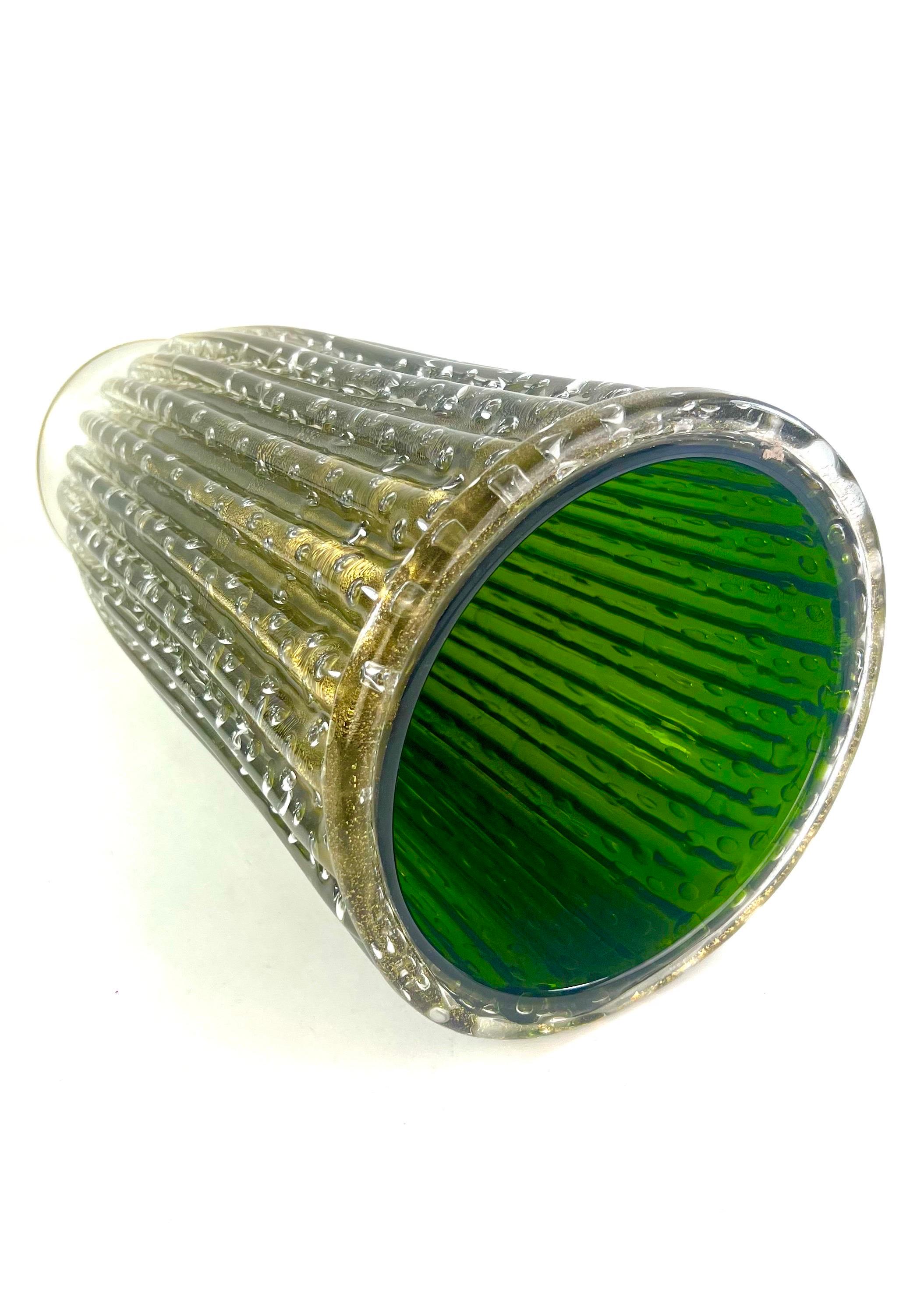 Alberto Donà Mid-Century Modern Vaso In Vetro Di Murano Verde E Foglia Oro 24kt in vendita 1