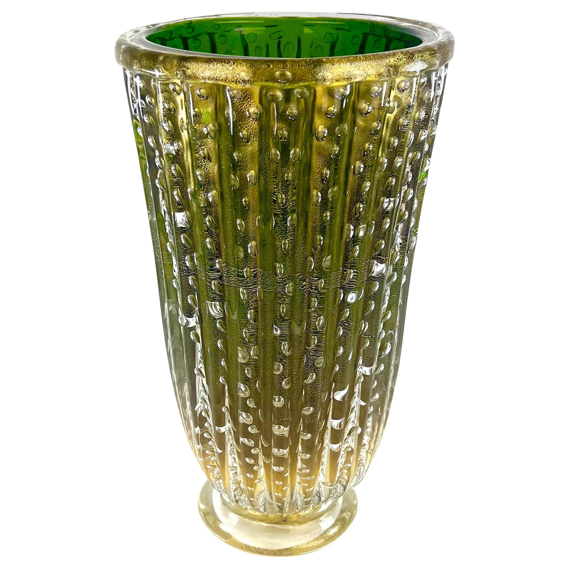 Alberto Donà Modernity Vaso In Vetro Di Murano Verde E Foglia Oro 24kt en vente