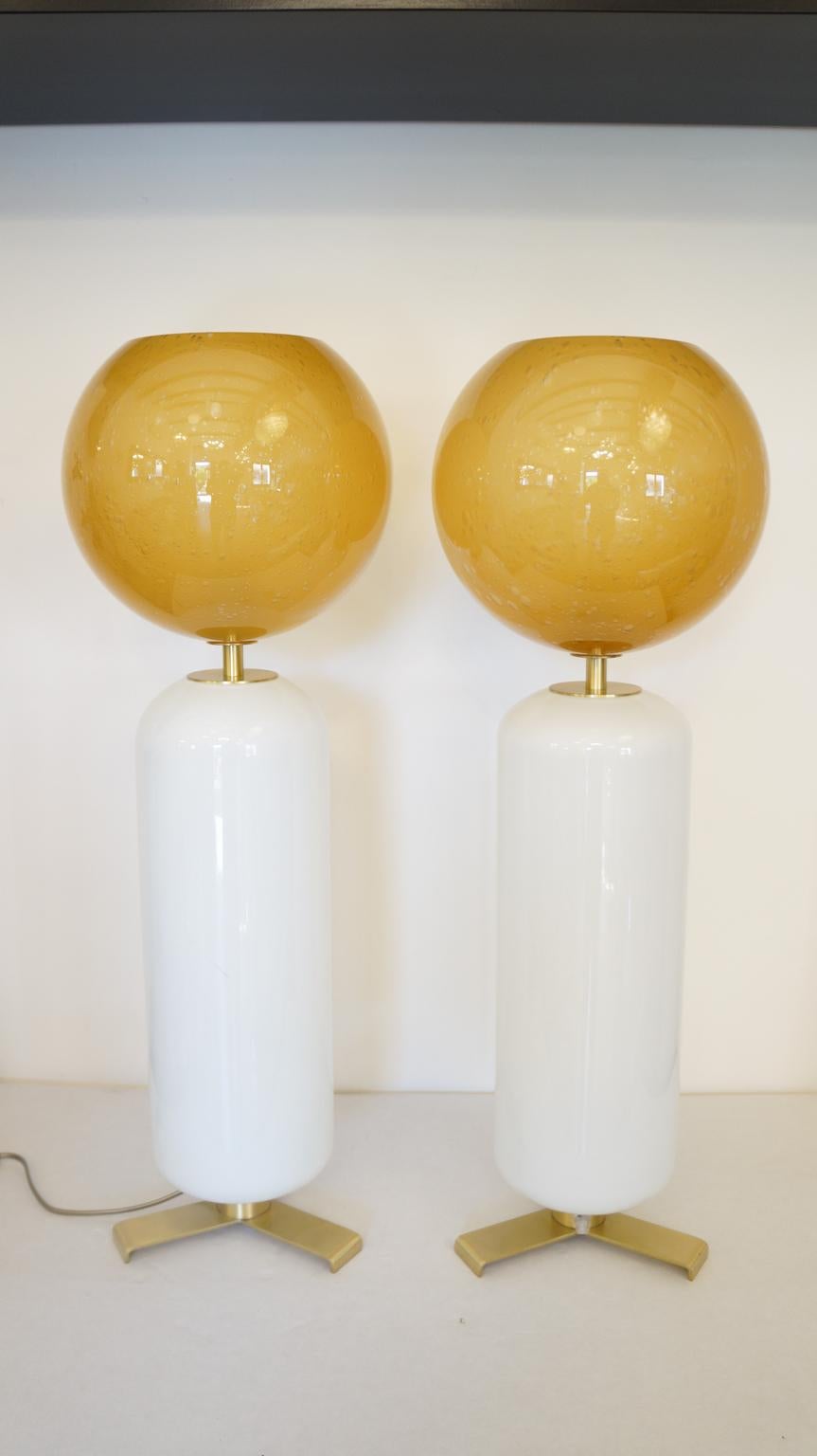 Alberto Donà Mid-Century Modern White Amber Two Murano Glass Table Lamps For Sale 14