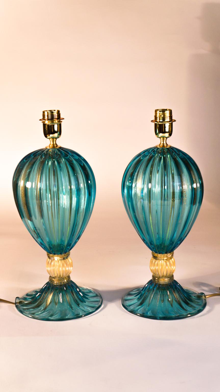 Late 20th Century Alberto Donà Pair of Light Blue Italian Murano Glass Table Lamps Veronese, 1980s For Sale