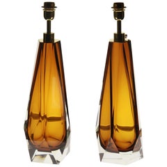 Retro Alberto Donà, Pair of Table Lamps, Faceted Shape, Topaz Murano Massiccio Body