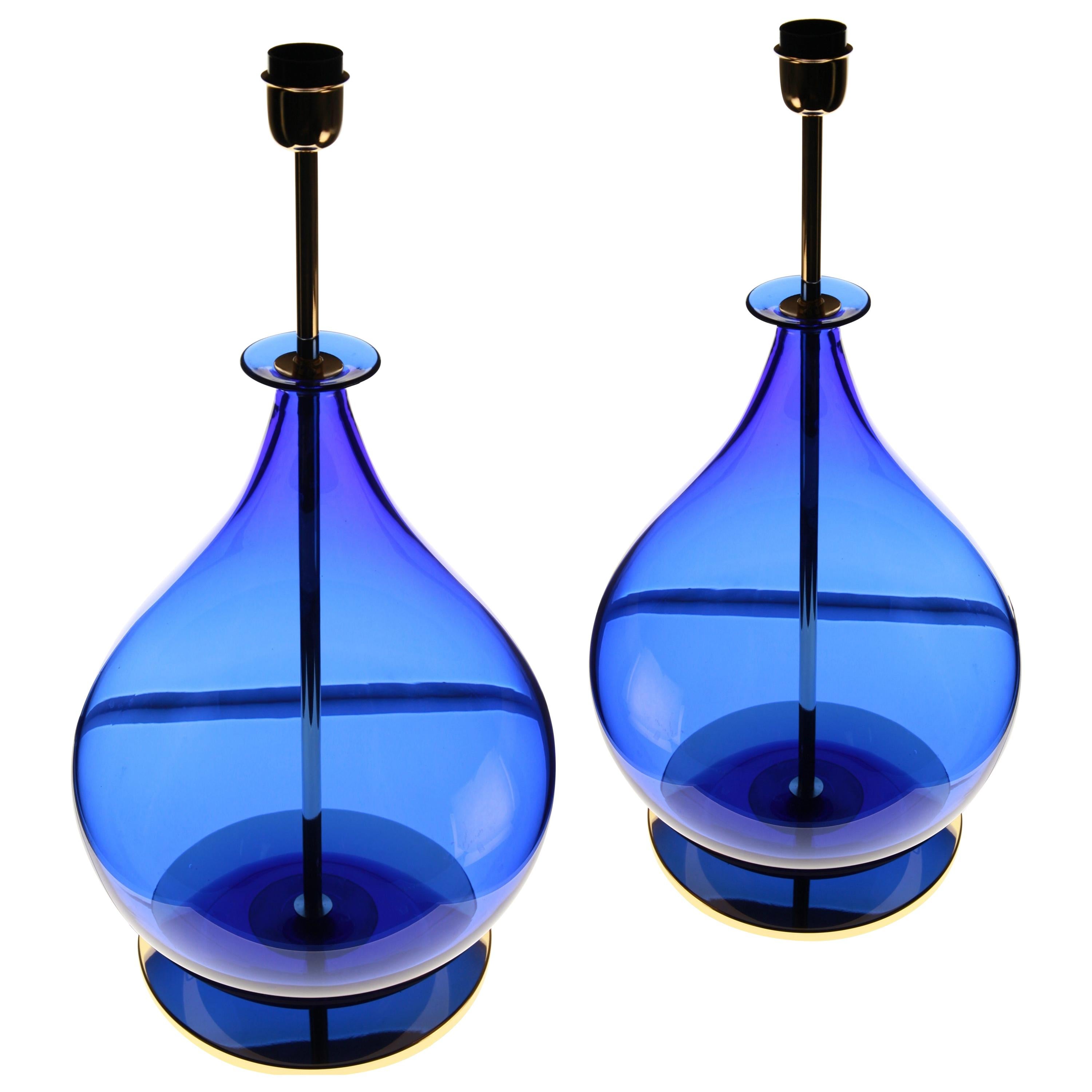 Alberto Donà, Pair of Table Lamps, Gourd Shape, Murano Deep Cobalt Blue
