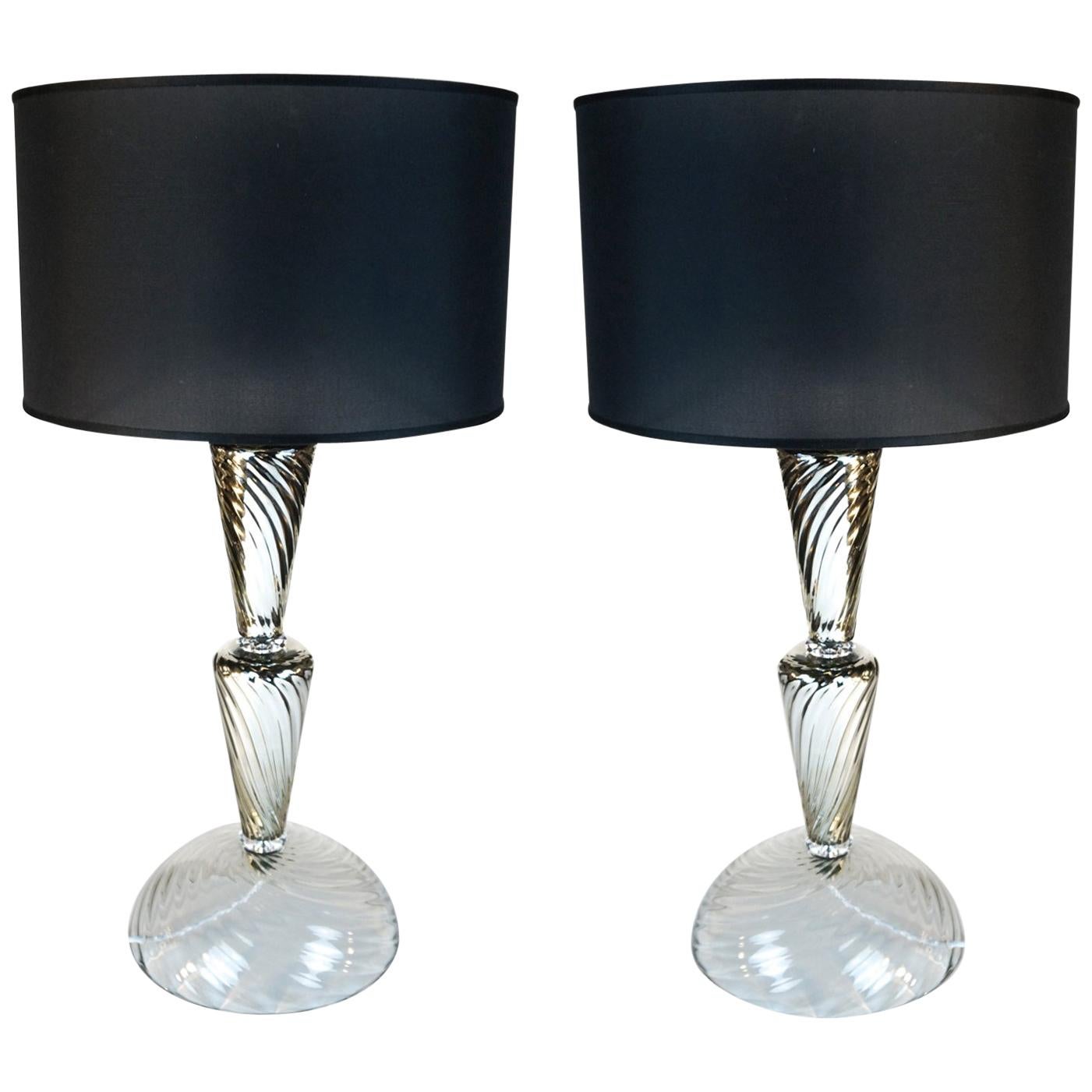 Alberto Donà Silver Crystal Pair of Italian Murano Glass Table Lamps, 1994s