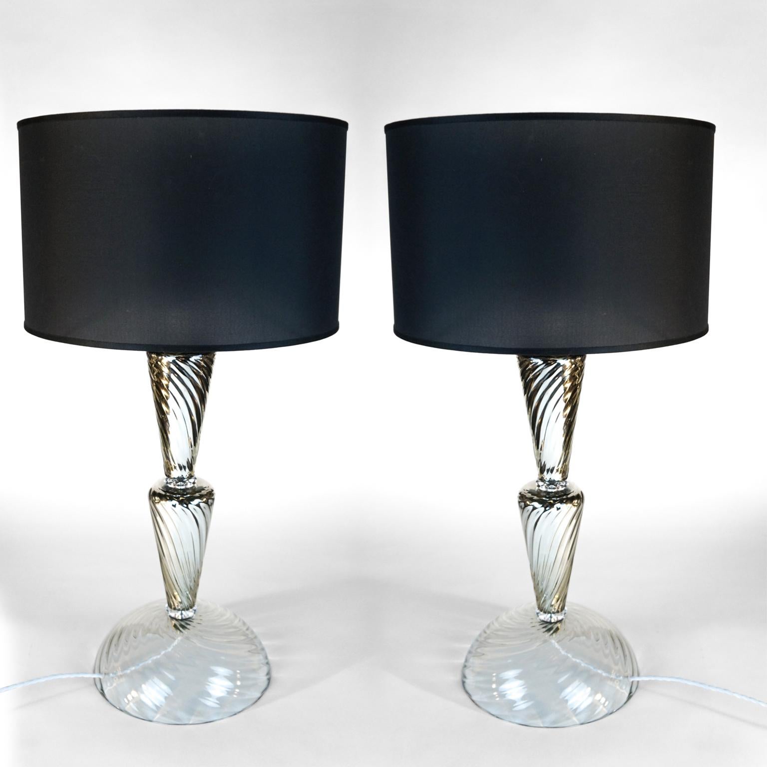 Hand-Crafted Alberto Donà Silver Crystal Pair of Italian Murano Glass Table Lamps, 1994s For Sale