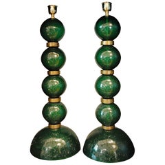 Alberto Donà, Tall Pair Table Lamps Murano Green Pulegoso with Gold Leaf Accents