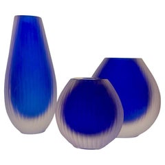 Alberto Dona Trio "Conneto Supreme" Blue Murano Sommerso Glass Vases (Signed)