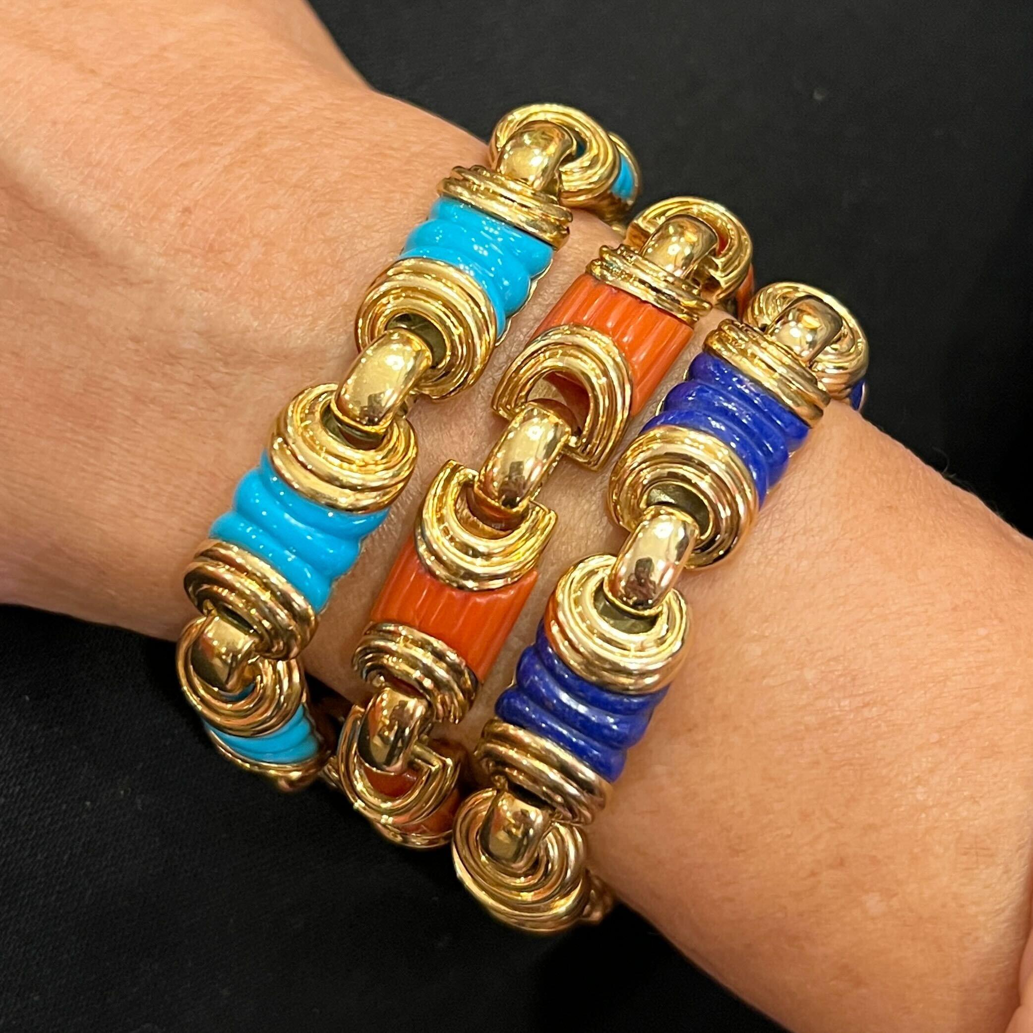 Square Cut ALBERTO E LINA Yellow Gold, Coral, Turquoise & Lapis Lazuli Bracelets For Sale