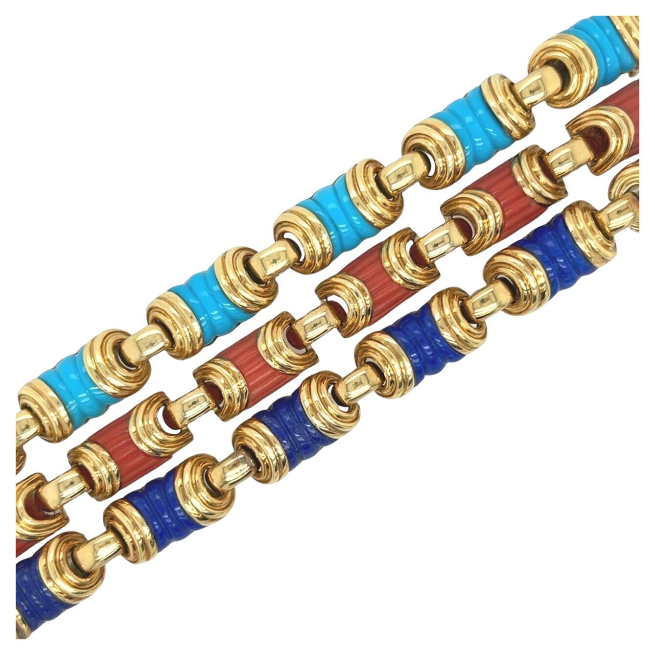 ALBERTO E LINA Yellow Gold, Coral, Turquoise & Lapis Lazuli Bracelets For Sale