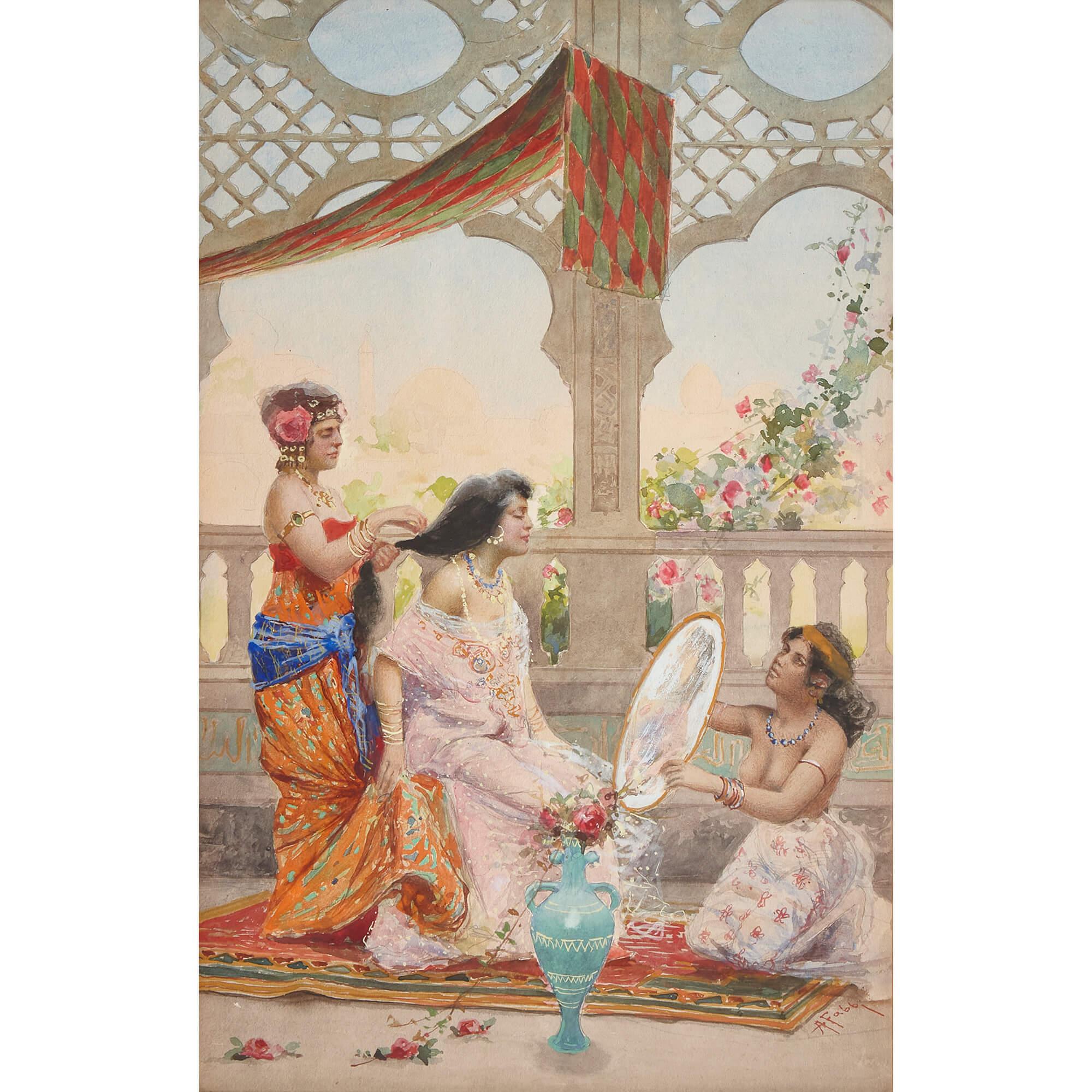 Orientalist antique watercolour painting of a woman dressing, A. Fabbi
Italian, 19th Century
Panel: Height 40cm, width 25cm
Frame: Height 60cm, width 45cm, depth 6cm

This sensitive watercolour painting by Alberto Fabbi (1858-1906) depicts a seated