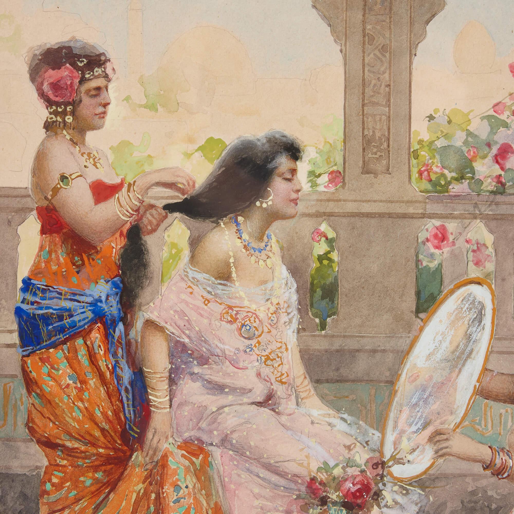 Orientalist Antique Watercolour Painting of A Woman Dressing, A. Fabbi For Sale 1