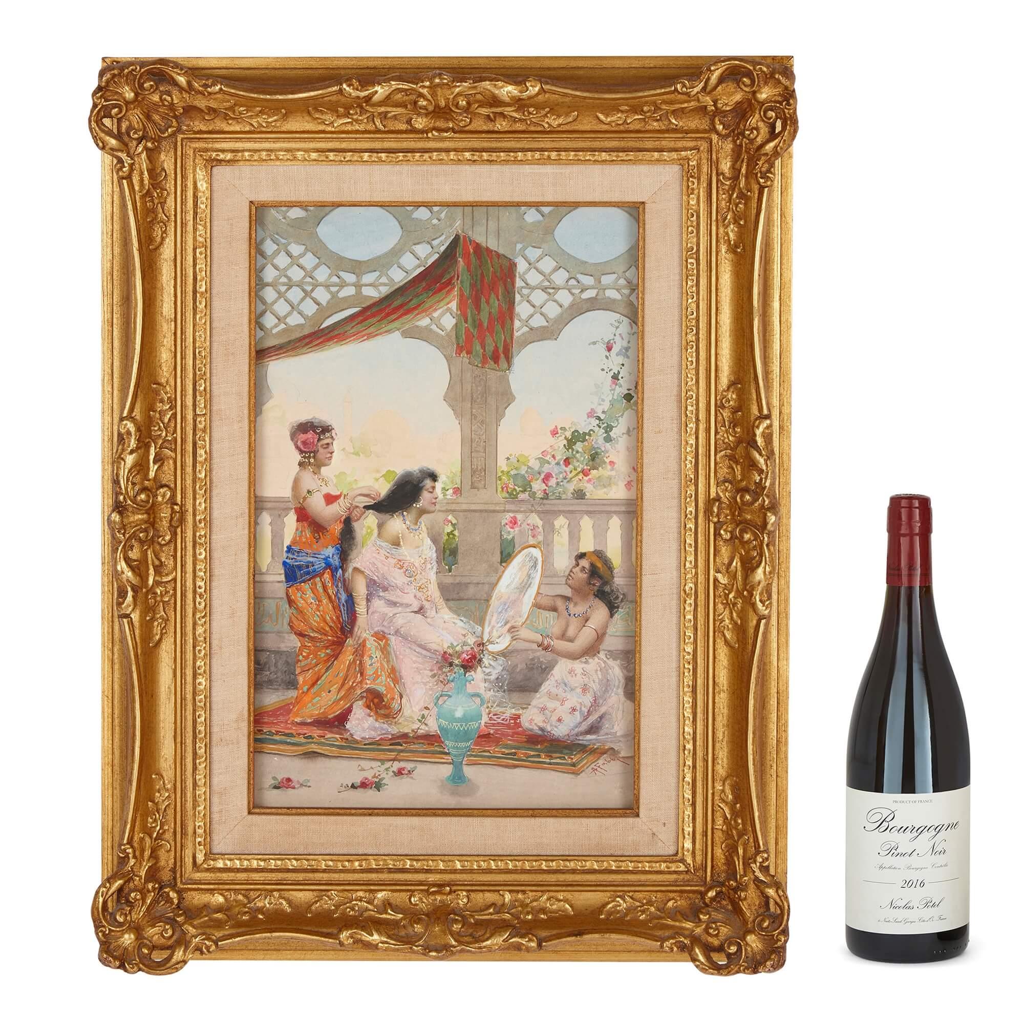 Orientalist Antique Watercolour Painting of A Woman Dressing, A. Fabbi For Sale 3