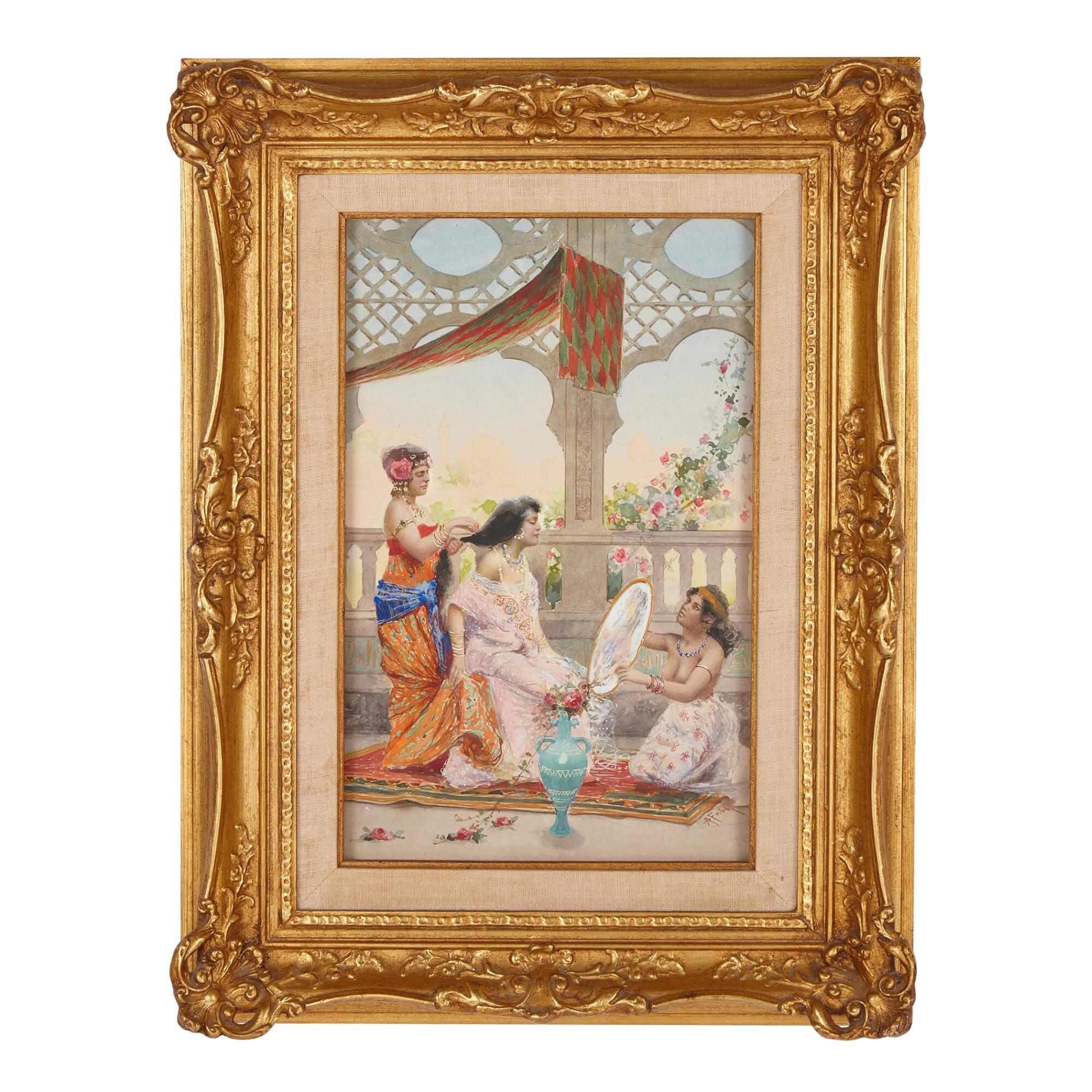 Alberto Fabbi Figurative Painting - Orientalist Antique Watercolour Painting of A Woman Dressing, A. Fabbi