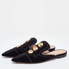 Alberto Fermani Black Velvet Buttons Embellished Flat Mules Size 38