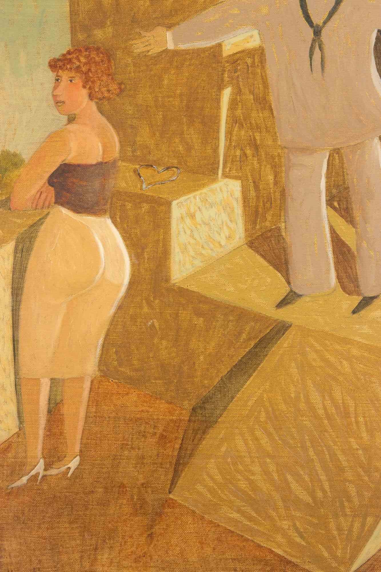Un hogar de alambre de hierro - Pintura de Alberto Gallerati - Años 70 en venta 1