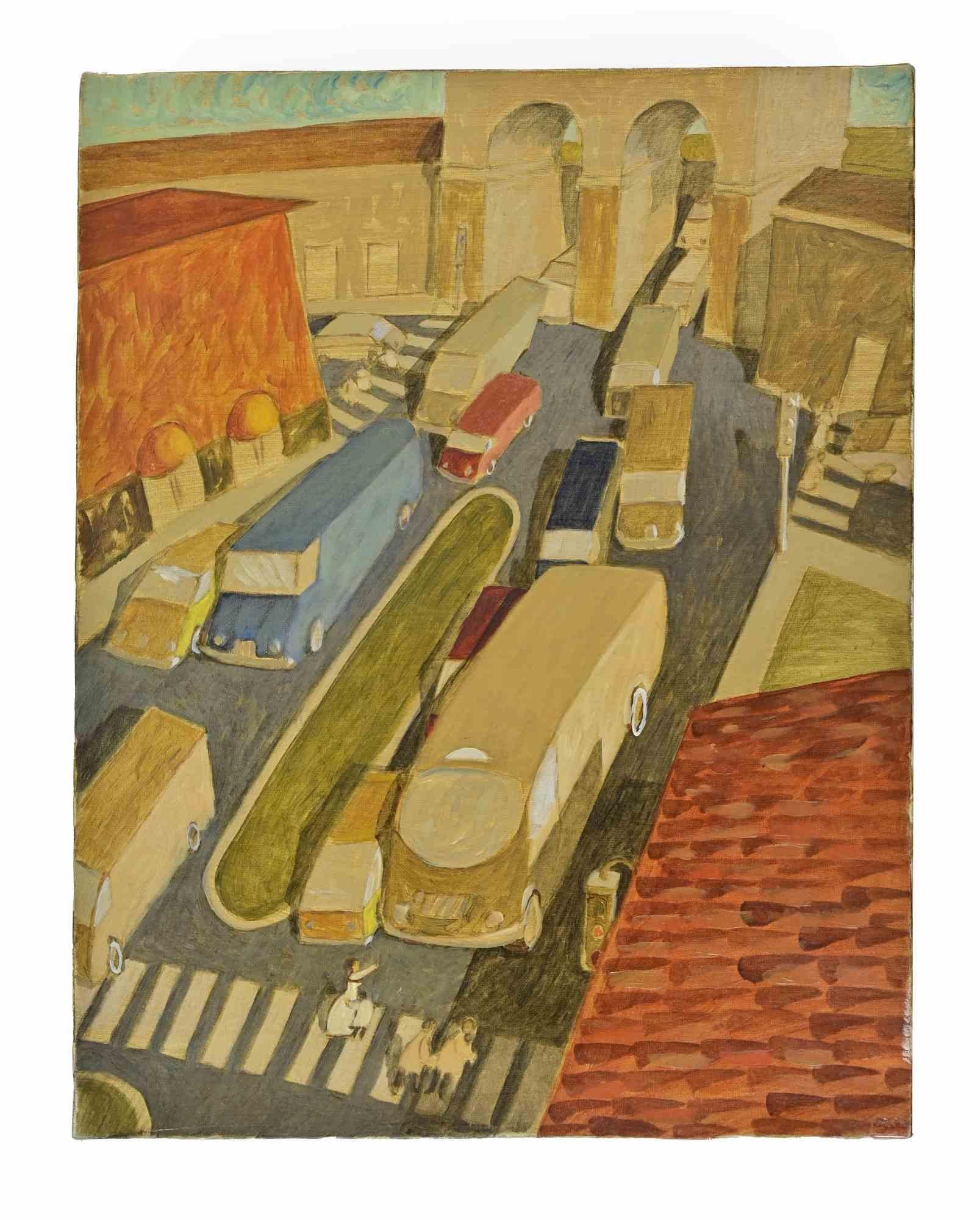 Rund um die Via Senato (in Mailand) - Gemälde von Alberto Gallerati - 1970er Jahre im Angebot 1