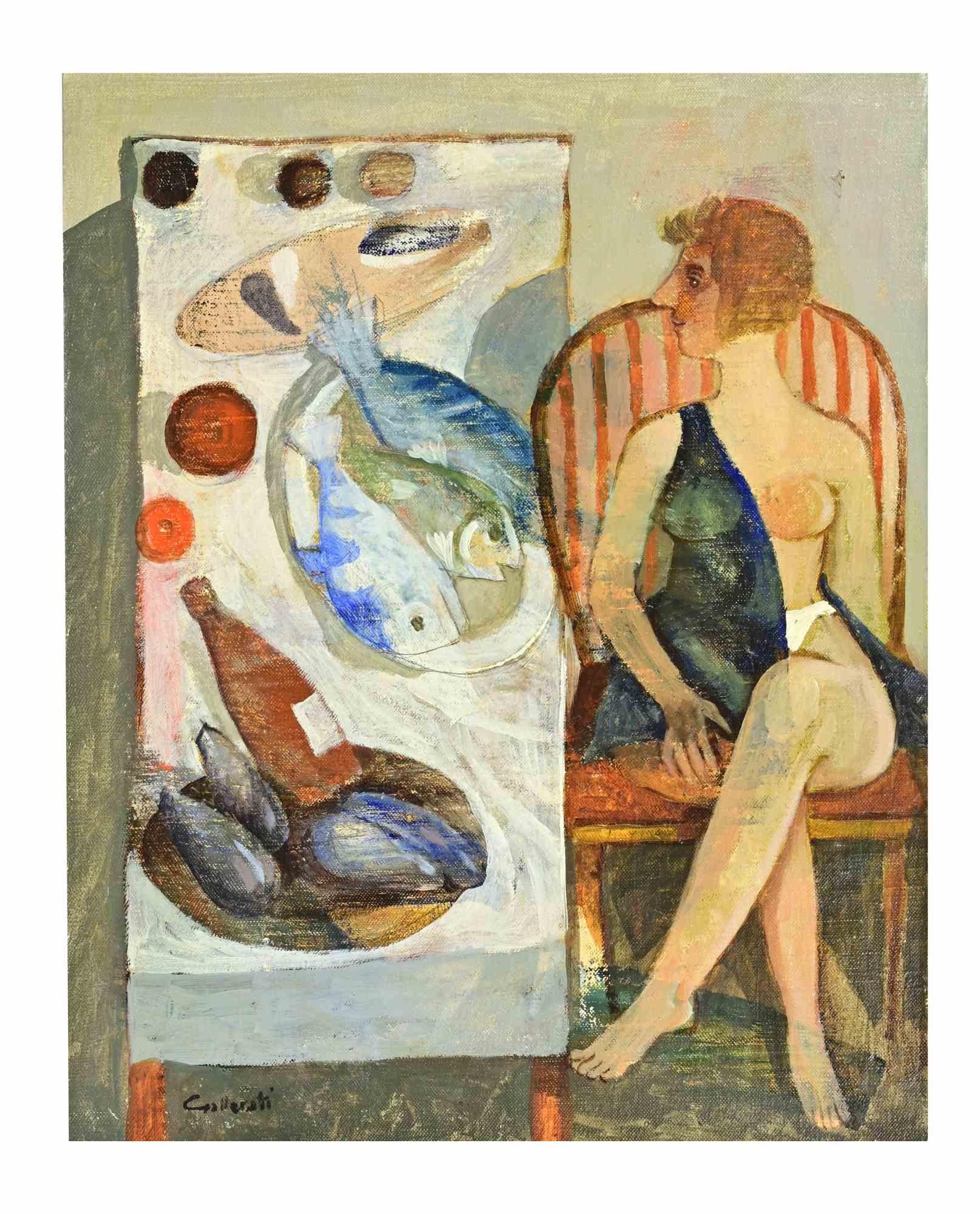 At the Table with Fish - Paint by Alberto Gallerati - 1980s For Sale 1
