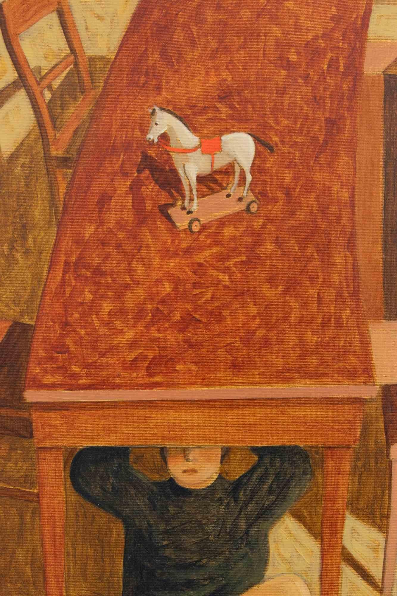 Die Angst des kleinen Pferdes - Gemälde von Alberto Gallerati - 1970er Jahre im Angebot 1
