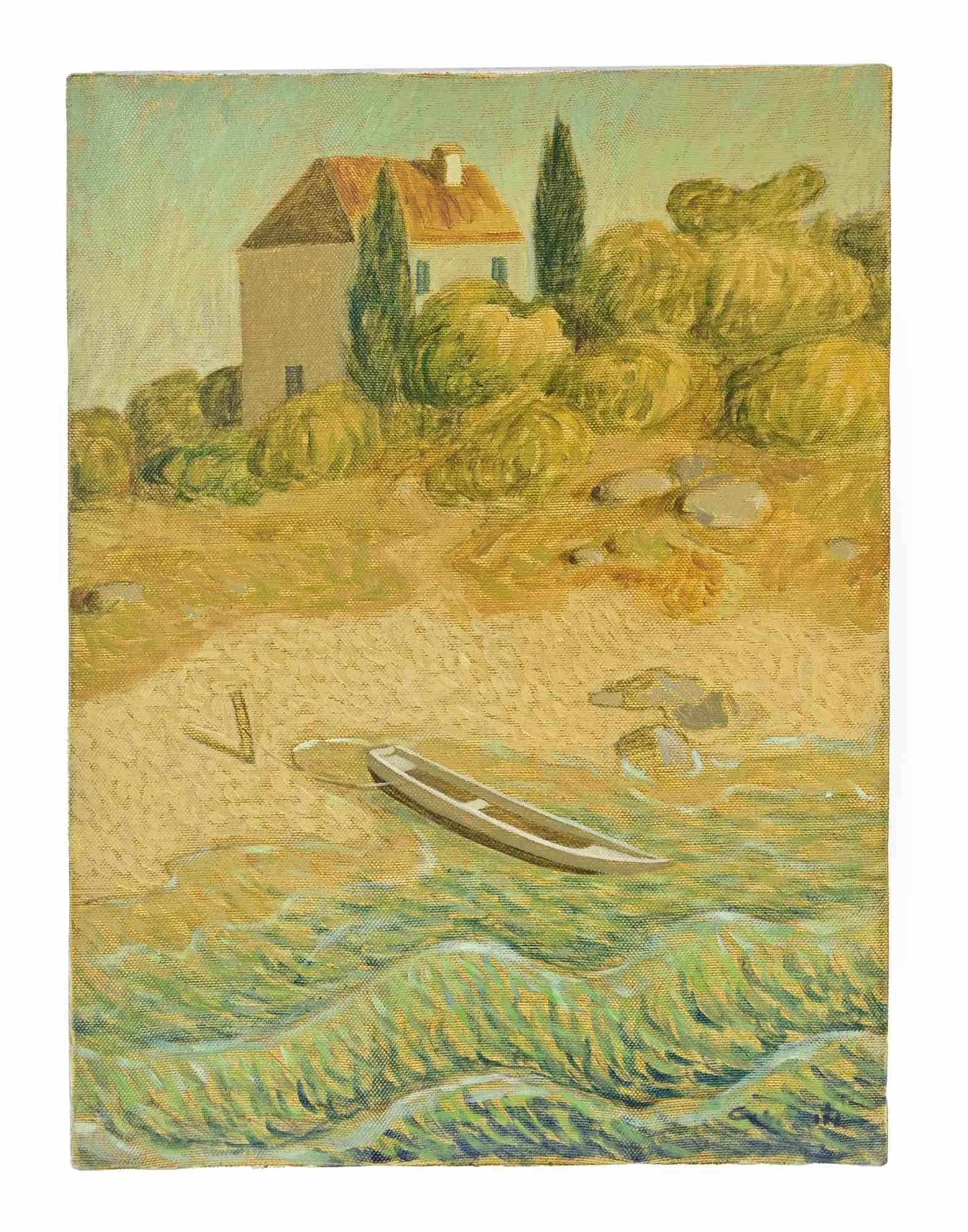 Maison et bateau, propriété - Peinture d'Alberto Gallerati - années 1970 en vente 1