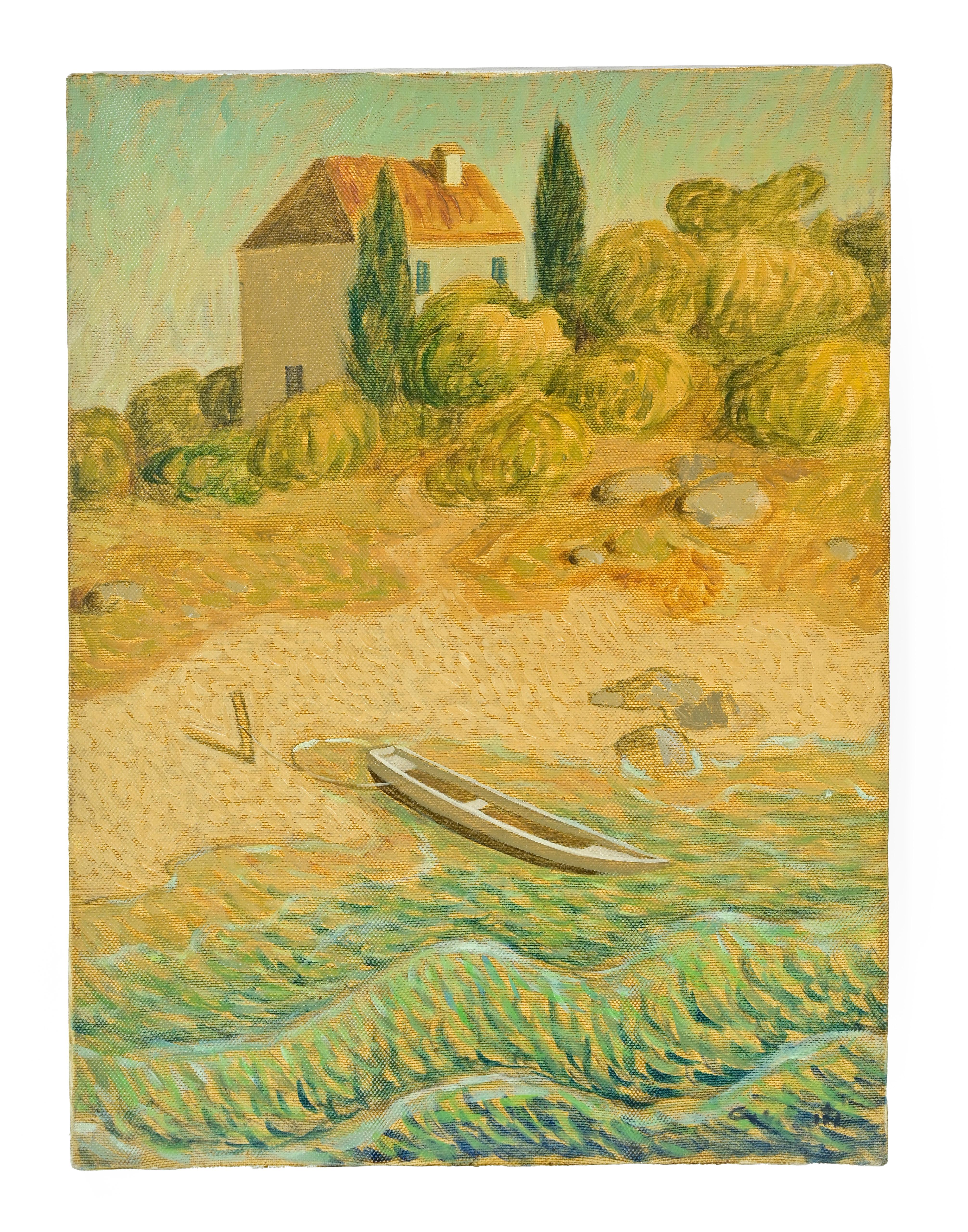 Maison et bateau, propriété - Peinture d'Alberto Gallerati - années 1970 en vente 4