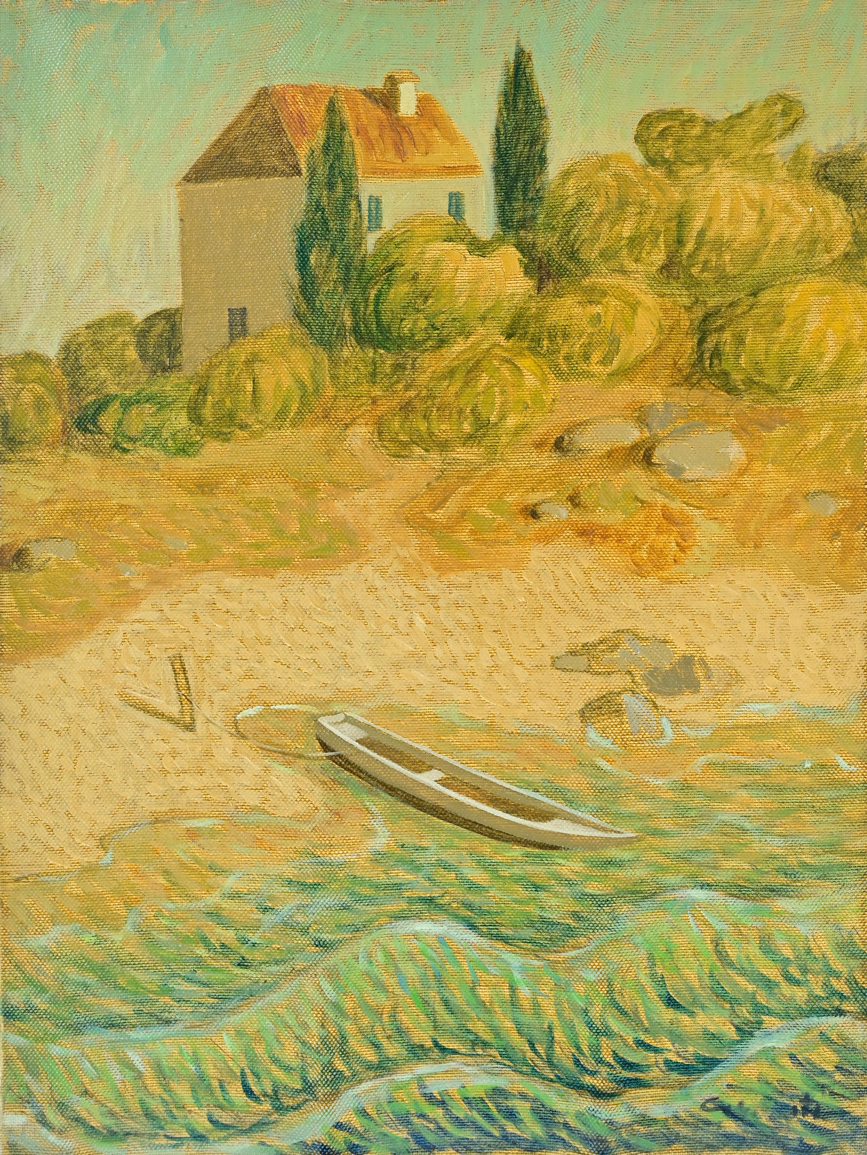Maison et bateau, propriété - Peinture d'Alberto Gallerati - années 1970 en vente 5