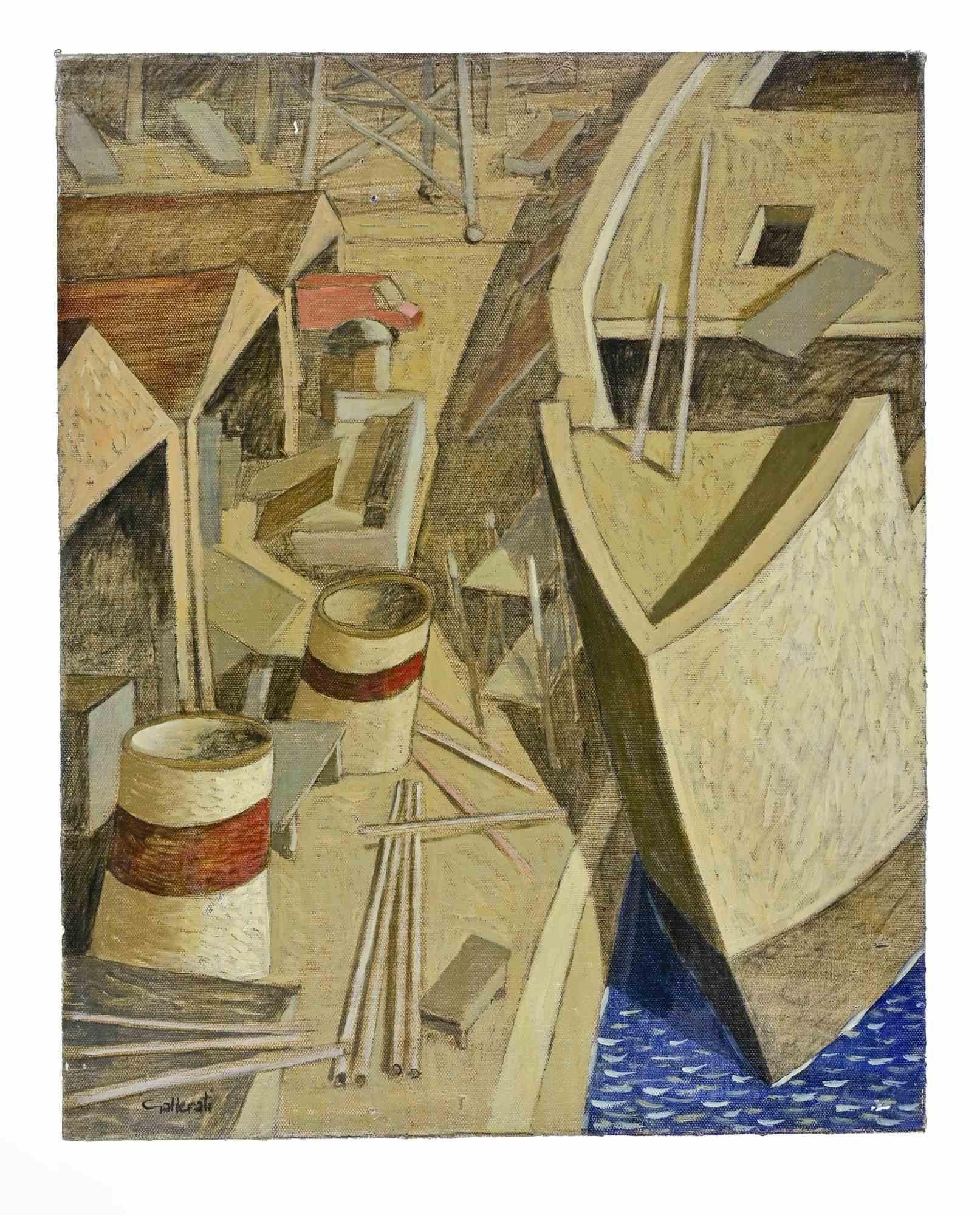 Ich baue mir ein Schiff - Gemälde von Alberto Gallerati - 1970er Jahre im Angebot 1