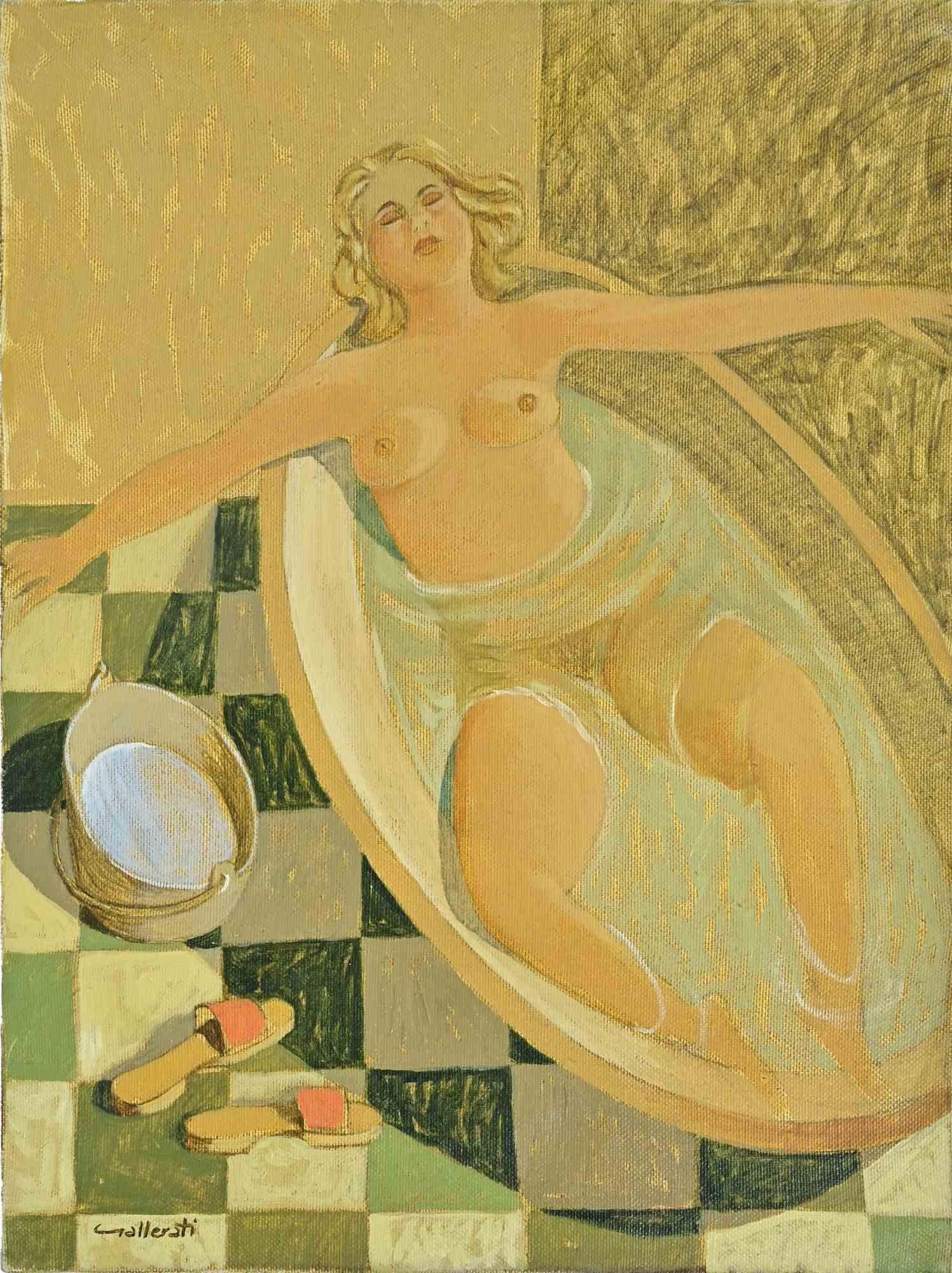 Dans la salle de bains - Peinture d'Alberto Gallerati - années 1970