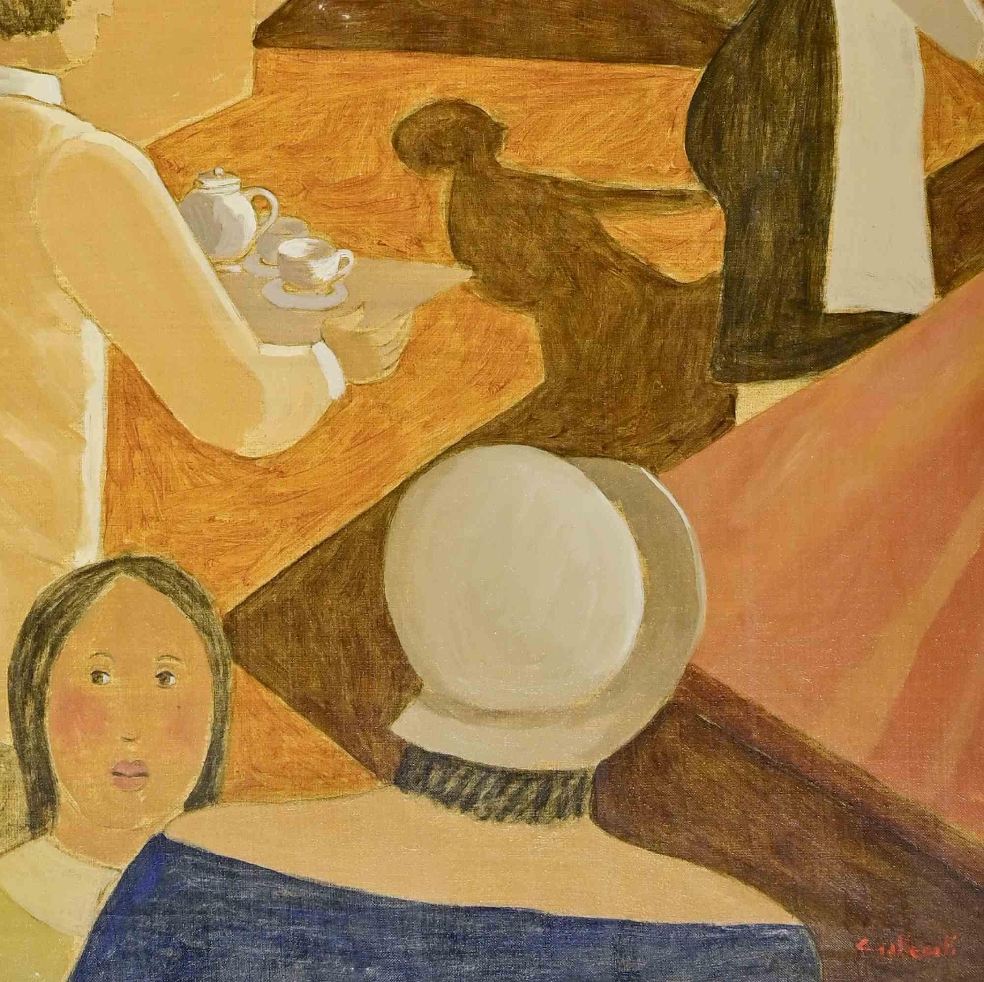 In der Konditorei - Gemälde von Alberto Gallerati - 1970er Jahre im Angebot 1