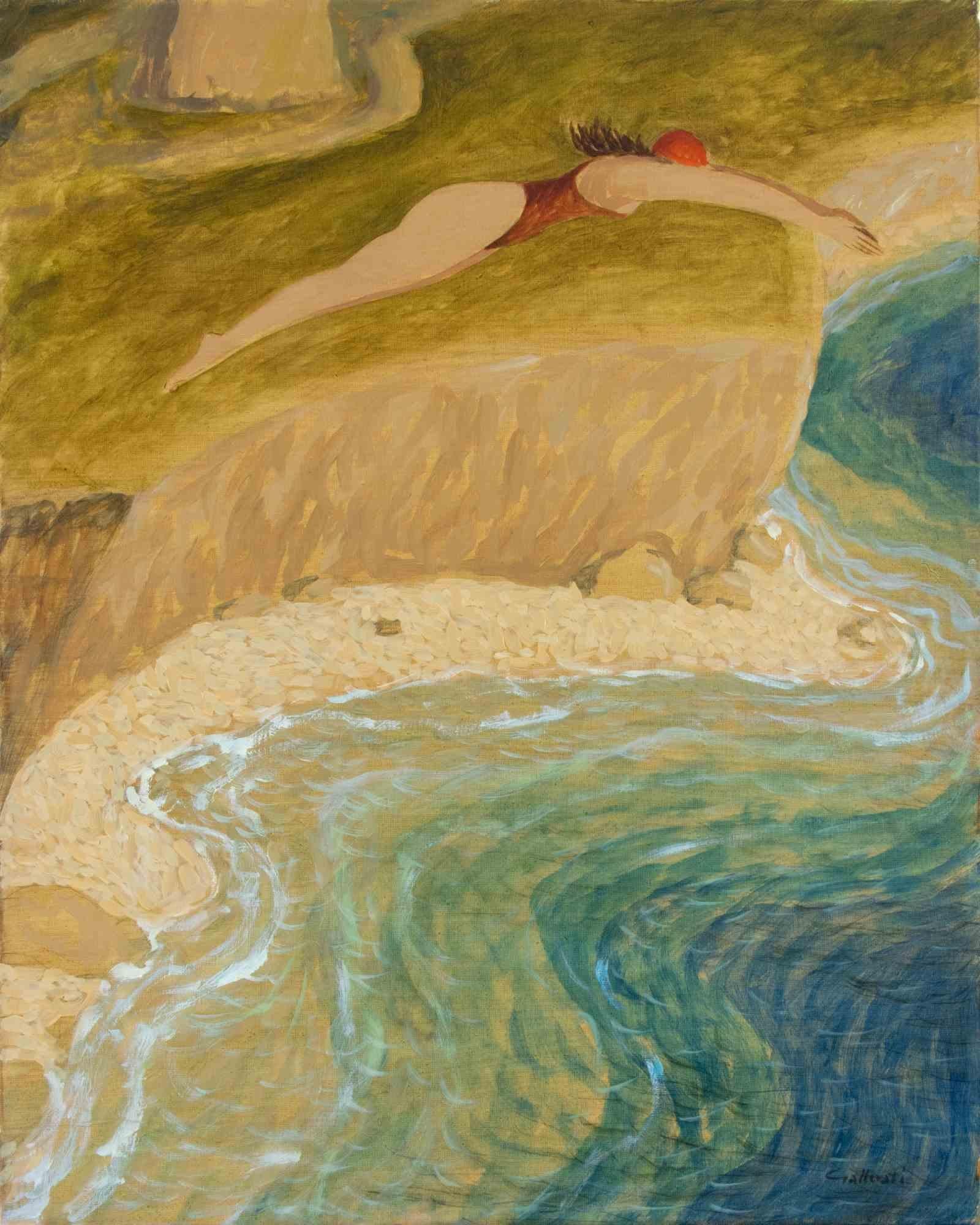 The High Point of the Dive - Paint by Alberto Gallerati - 1970s For Sale 1