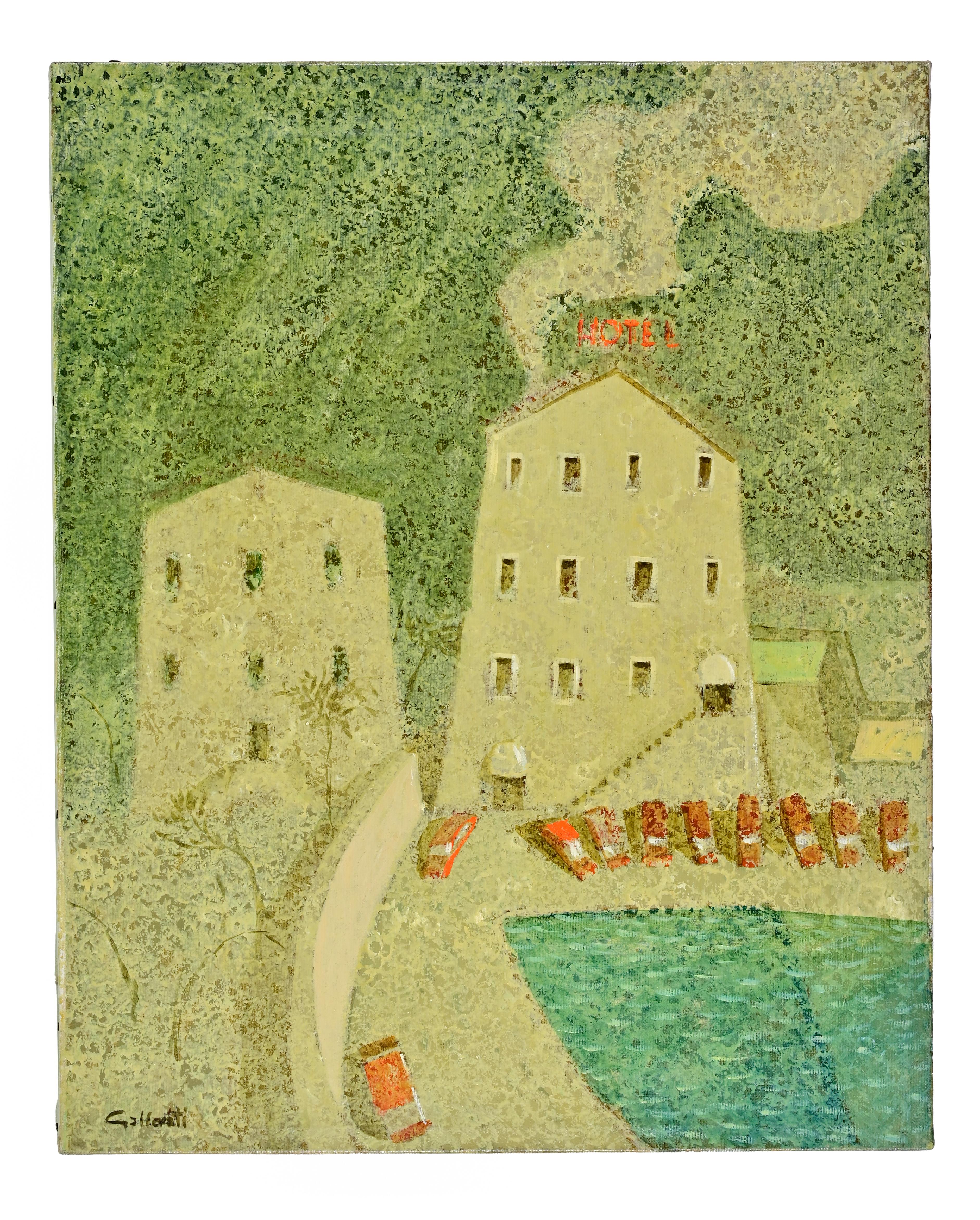Das Hotel, das funktioniert, das Hotel, das... - Gemälde von Alberto Gallerati - 1970er Jahre im Angebot 2