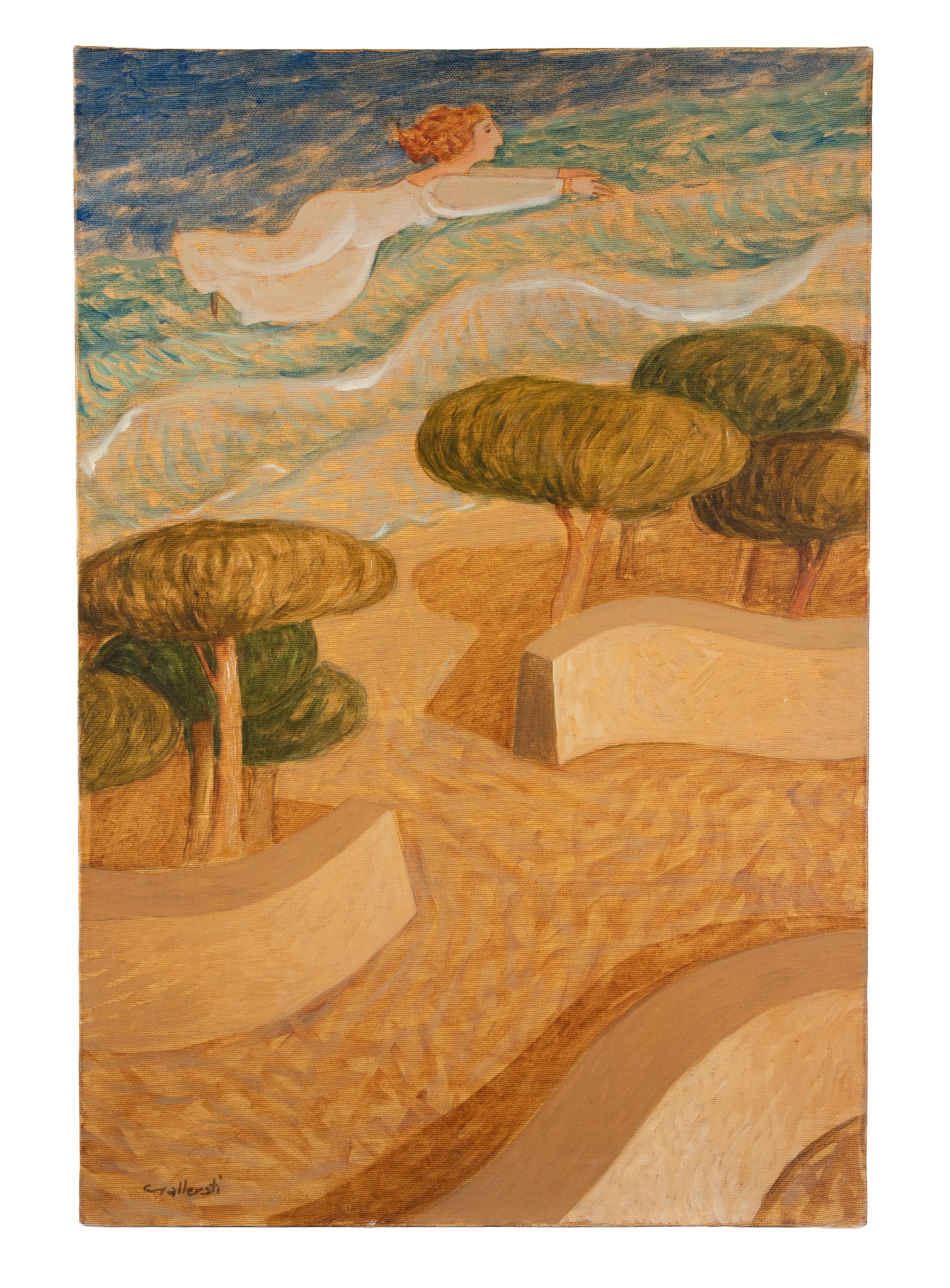 The Pointing Angel Takes You to the Sea - Paint by Alberto Gallerati - 1980s For Sale 1