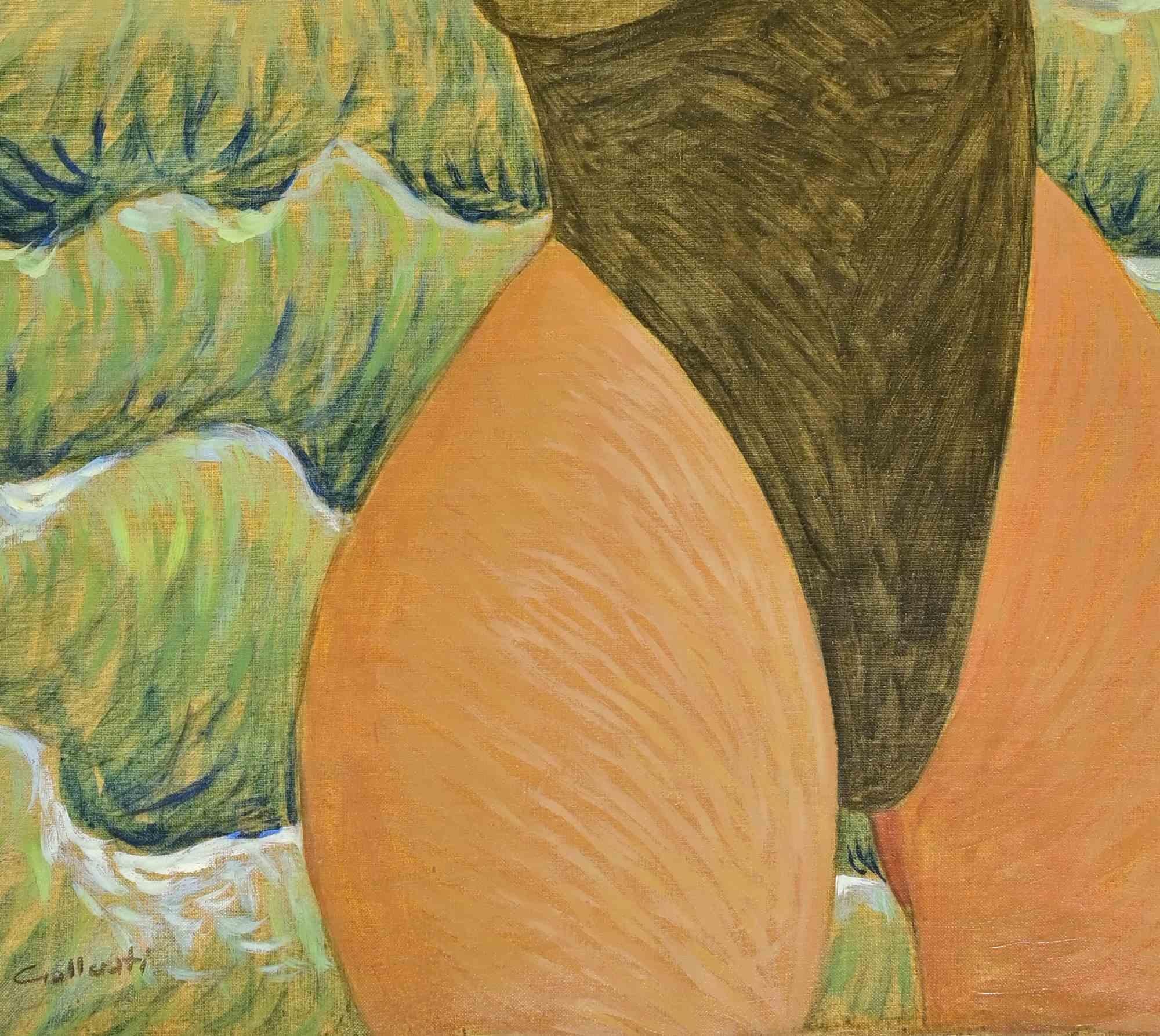 Die Rückkehr zum einteiligen Badeanzug - Gemälde von Alberto Gallerati - 1970er Jahre im Angebot 1