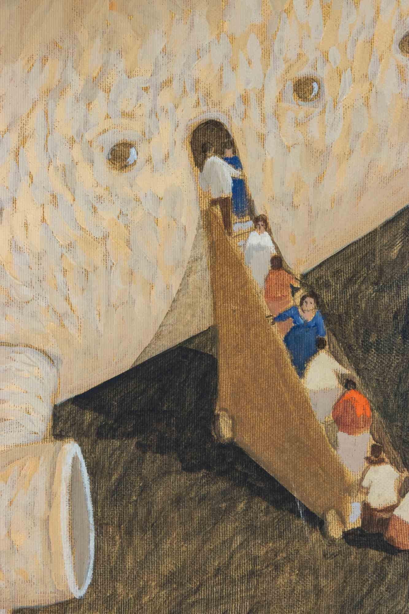 Deux passagères en robe bleue - Peinture d'Alberto Gallerati - années 1970 en vente 1