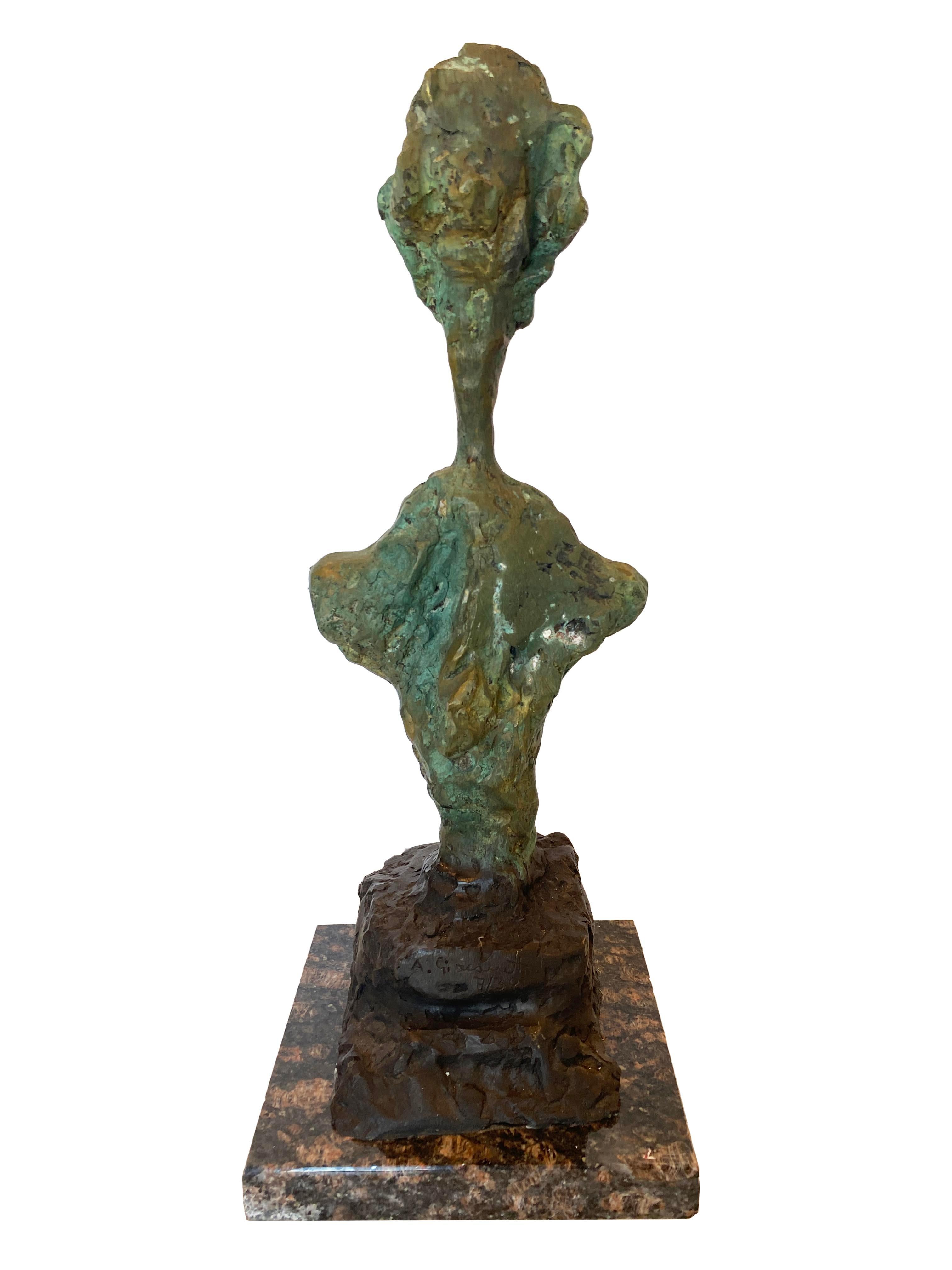 Patinated Alberto Giacometti Bronze Bust Sculpture on a Stone Base