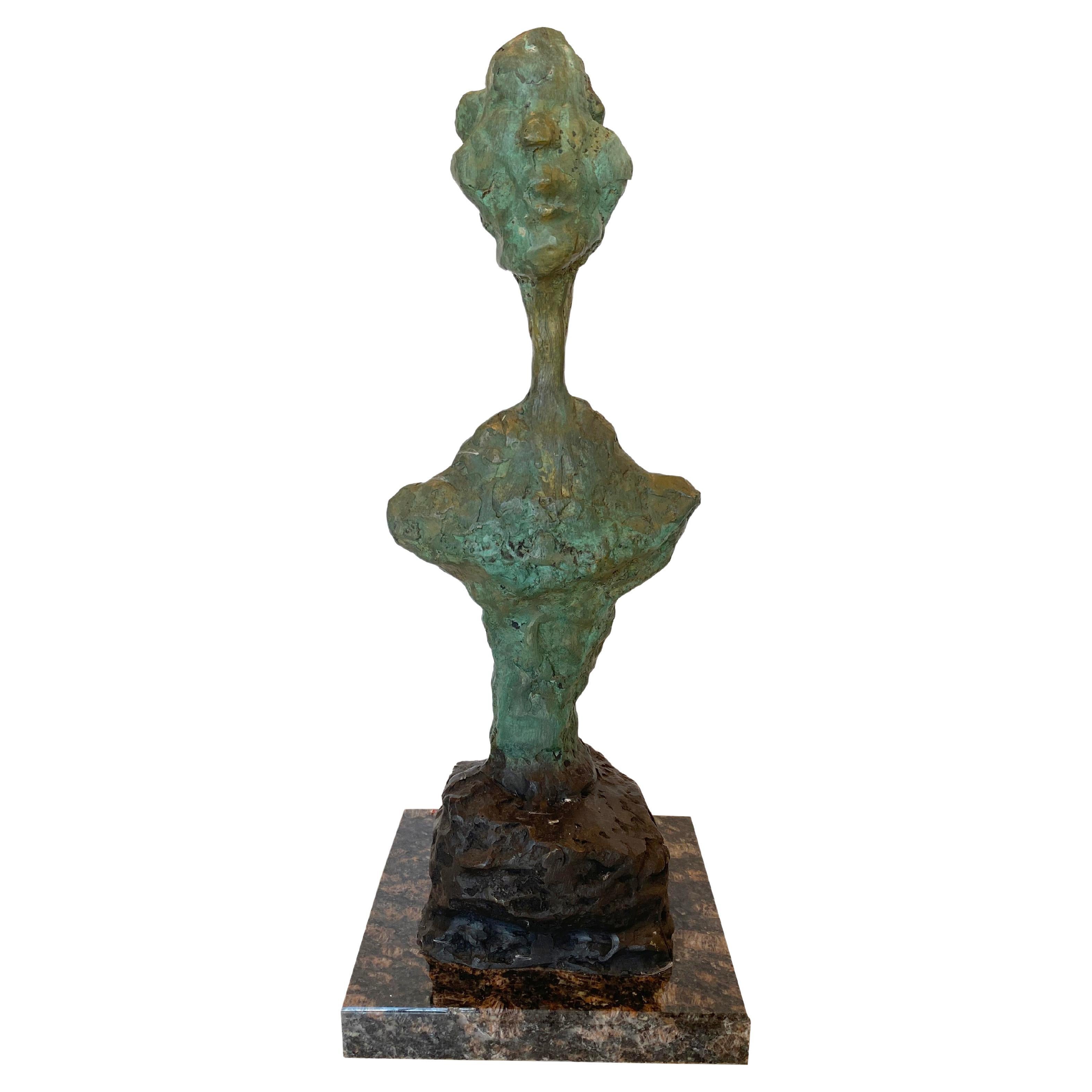 Alberto Giacometti Bronze Bust Sculpture on a Stone Base