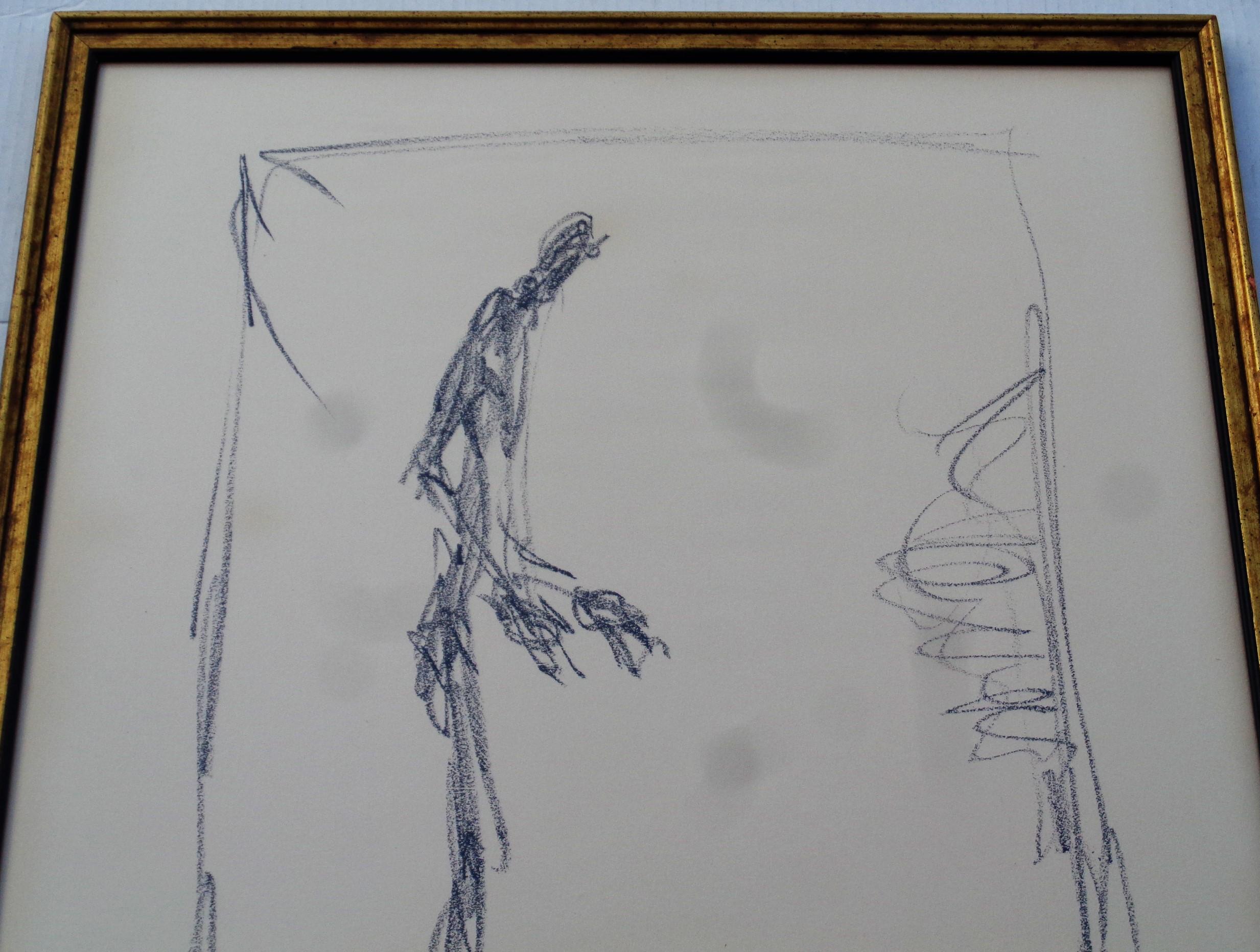 D'après Alberto Giacometti - Dessin 1 - lithographie grand format sur papier chiffon dans un cadre d'époque en bois doré sous verre (étiquette originale de l'encadreur au dos) - Empire Artist's Materials / 831 Lexington Avenue N.Y. 10021  / Phone RE