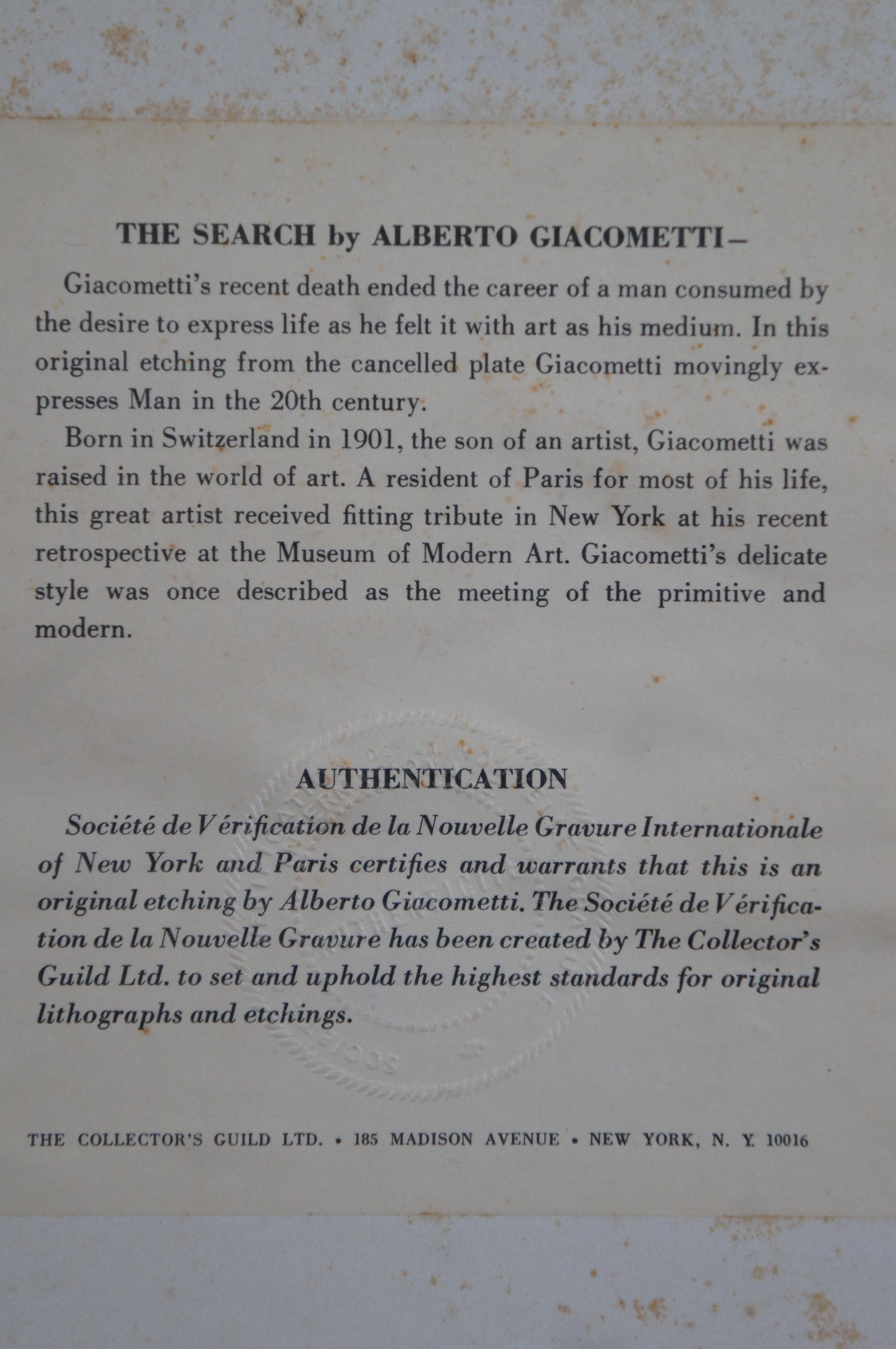 Milieu du XXe siècle Alberto Giacometti Mid Century Modern The Search Gravure à l'eau-forte Collector Guild 20