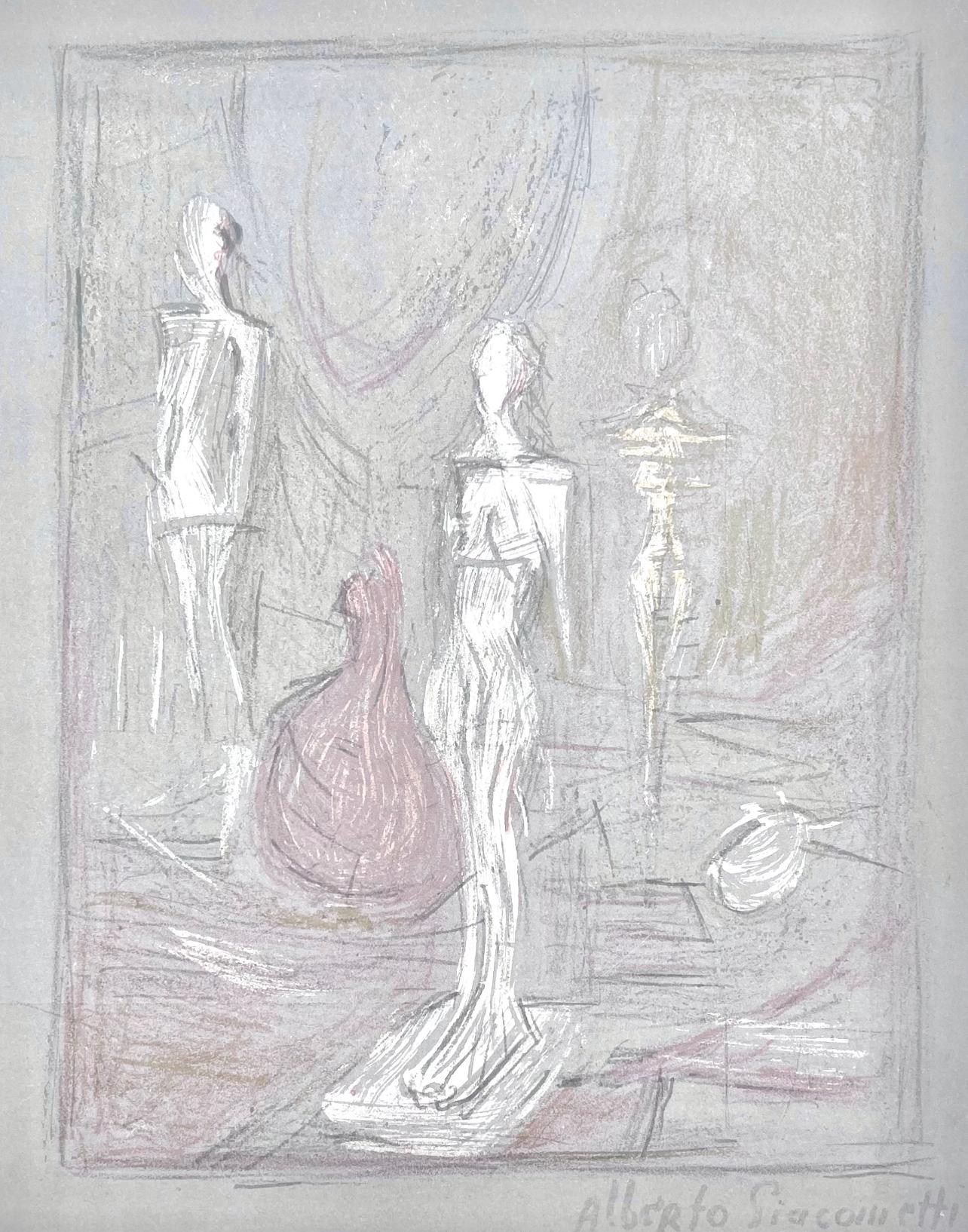 Esta exquisita litografía de Alberto Giacometti (1901-1966), titulada Figures dans un interieur (Figuras en un interior), del folio Derriere le Miroir, nº 65, procede de la edición de 1954 publicada por Maeght Editeur, París, e impresa por Mourlot