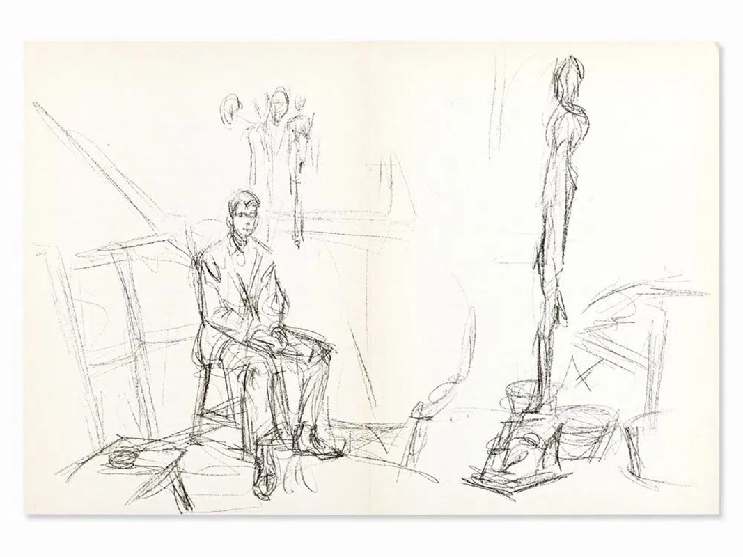 Artistics : Alberto Giacometti
Titre : "Personnage dans l'atelier".
Année : 1961
Support : Lithographie originale sur papier vélin
Dimensions : 15in. par 22in.
Édition : Extrait de la rare édition limitée
Référence : Lust, 148-161
Publié par Maeght