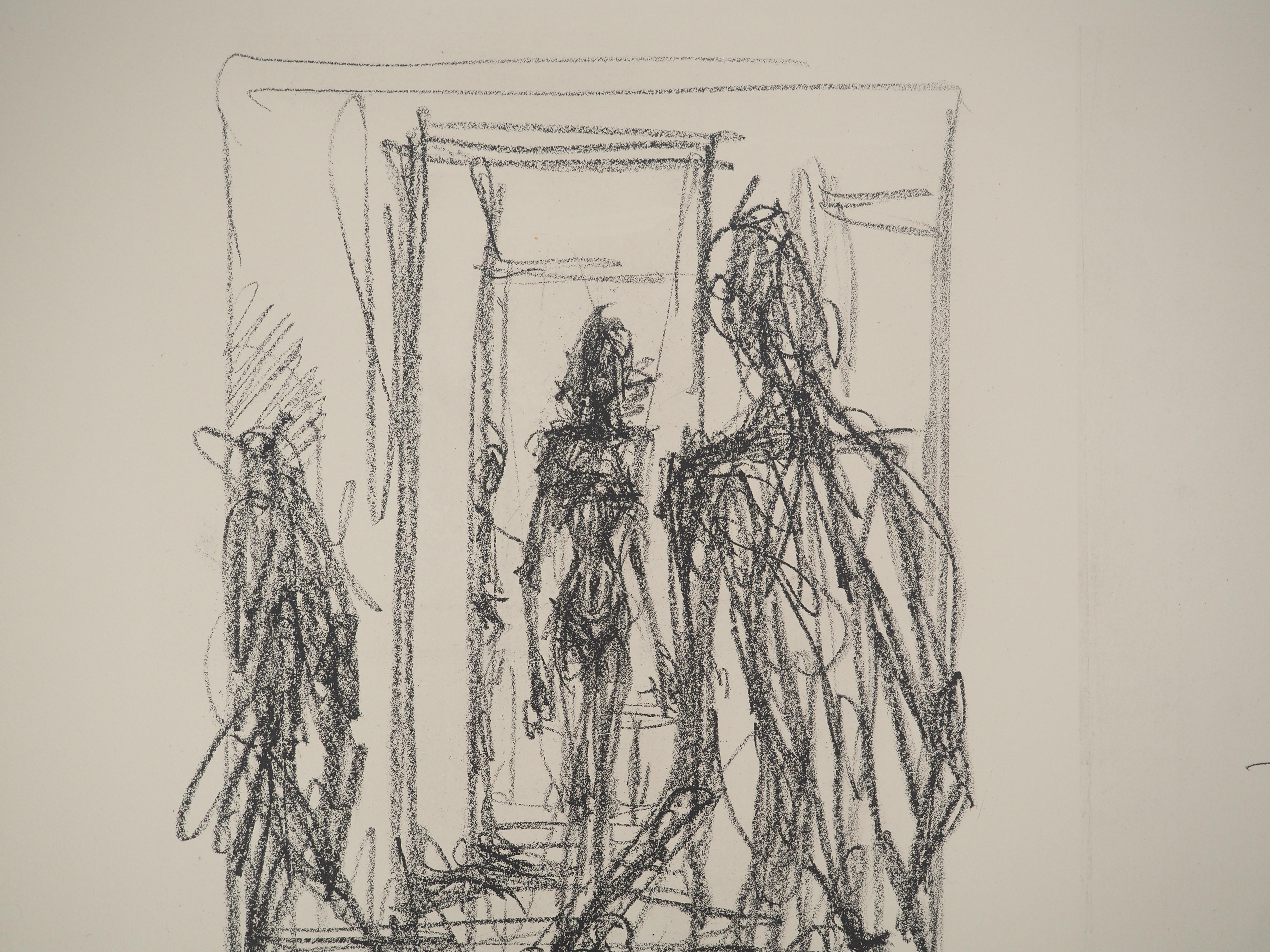 Annette Standing in the Studio - Original Lithograph on Arches Vellum - Gray Interior Print by Alberto Giacometti