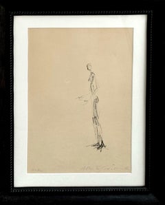 Figure standing in profile with hands raised