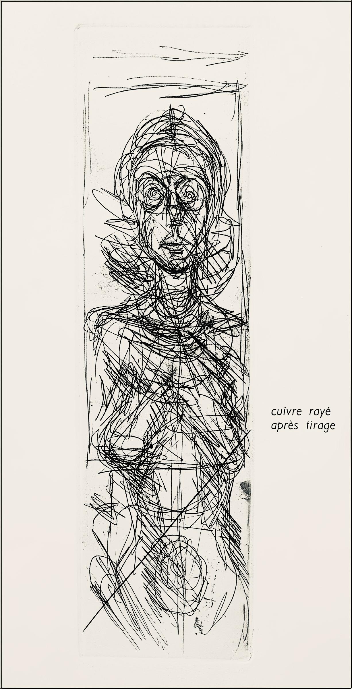 Etching from cuivre rayé après tirage on vélin paper. Paper Size: 15 x 11 inches; image size: 8.07 x 2.28 inches. Inscription: Unsigned and unnumbered, as issued. Notes: From the folio, Derrière le miroir, 10 Ans d'Edition 1946-1956, N° 92-93, 1956.
