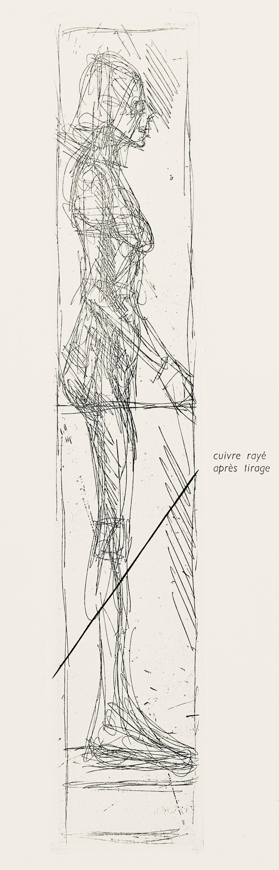Etching, cuivre rayé après tirage on vélin paper. Paper Size: 15 x 11 inches; image size: 12.2 x 2.17 inches. Inscription: Unsigned and unnumbered, as issued. Notes: From the folio, Derrière le miroir, 10 Ans d'Edition 1946-1956, N° 92-93, 1956.