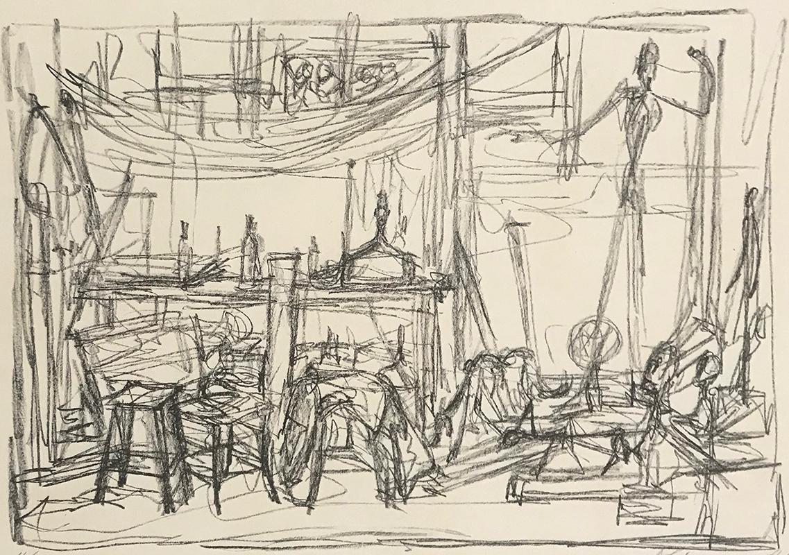 Alberto Giacometti Interior Print –  The Pointing Man, im Studio  L'homme qui pointe dans l'atelier - Schweizer Kunst