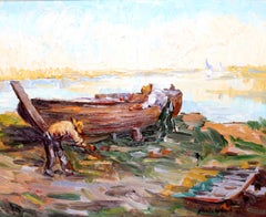 Escena de pesca - Óleo sobre tela - Firmado y enmarcado