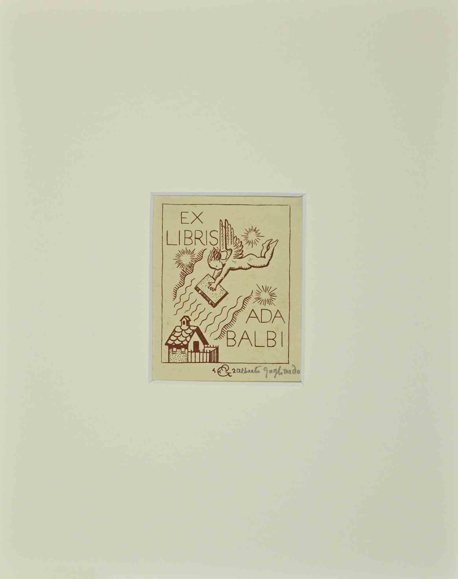  Alberto Helios Gagliardo Figurative Print – Ex Libris  Ada Balbi – Holzschnitt – Mitte des 20. Jahrhunderts