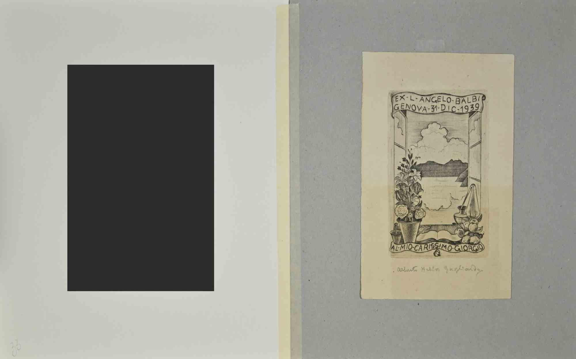 Ex Libris  - Angelo Balbi - Etching  - Mid-20th Century - Print by  Alberto Helios Gagliardo
