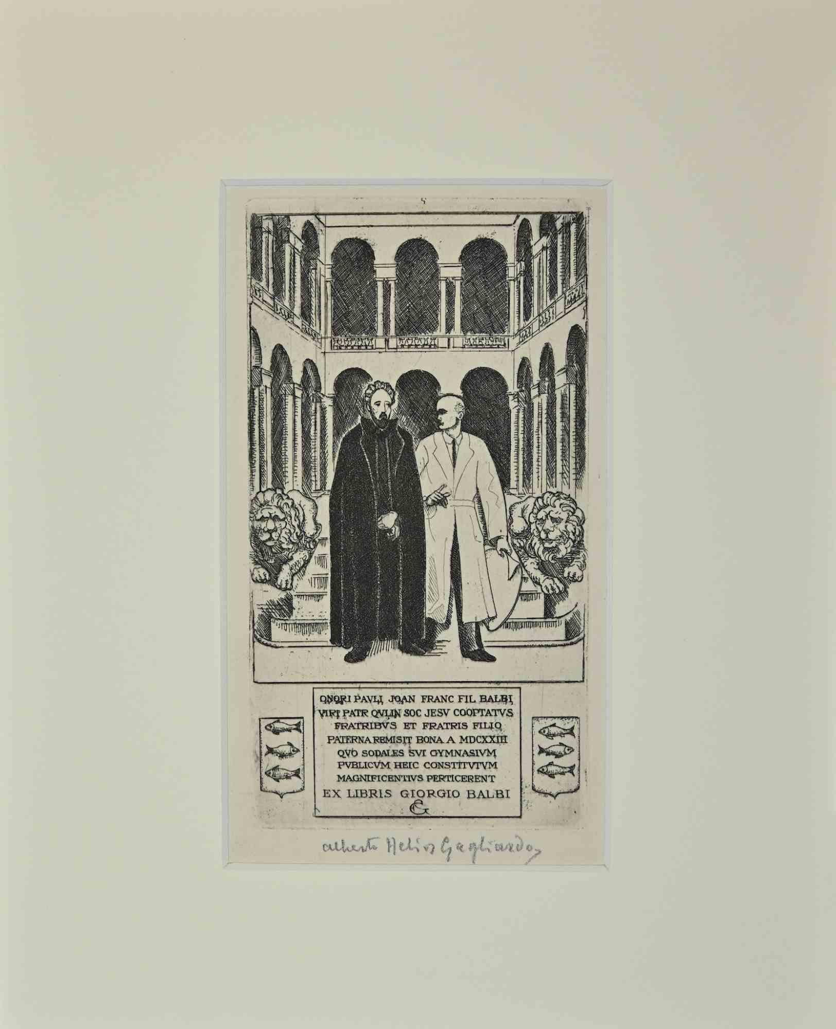 Figurative Print  Alberto Helios Gagliardo - Ex Libris  -  Fil. Balbi  par A. H. Gagliardo - Gravure  - Milieu du 20e siècle
