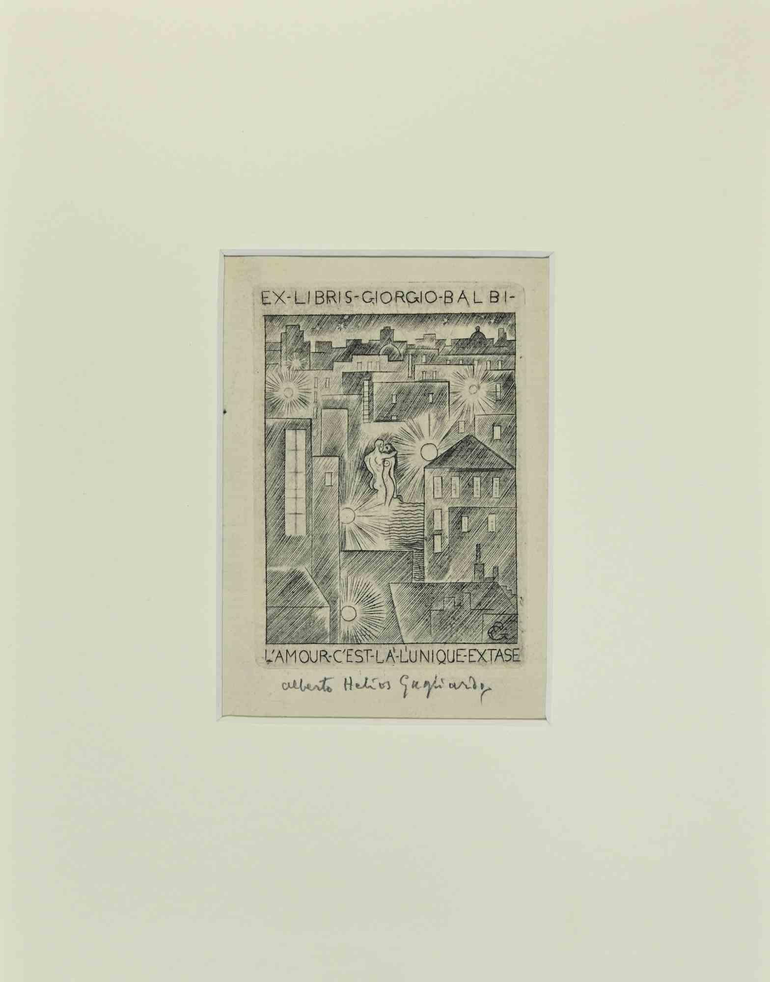  Alberto Helios Gagliardo Figurative Print - Ex Libris  -  Giorgio Balbi - Etching  - Mid-20th Century